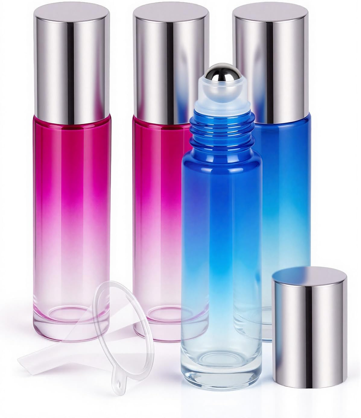 Worldgsb 4 Pack Essential Oil Roller Bottles, 10Ml Refillable Clear Glass Roller Bottles with Stainless Steel Roller Balls and Caps for Travel, Perfume and Lip Gloss