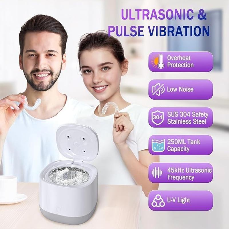 Gisaae UV Ultrasonic Retainer Cleaner, Portable Ultrasonic Cleaner, 45Khz Retainer Cleaner Machine for Dentures, Mouth Guards, Braces, Toothbrush Heads, Jewelry with 250ML Capacity, Retainer Cleaning for All Dental Appliances