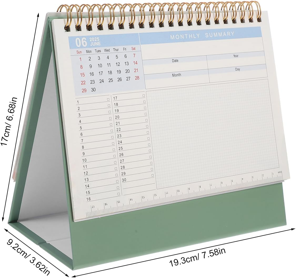 Tofficu Desk Calendar 2025 Green Paper Flip Calendar with Decorative Stickers Desk Stand Small Calendar Cute Desk Decor Aesthetic Chinese Lunar Year Monthly Planner Calendar for Office Home image number 1