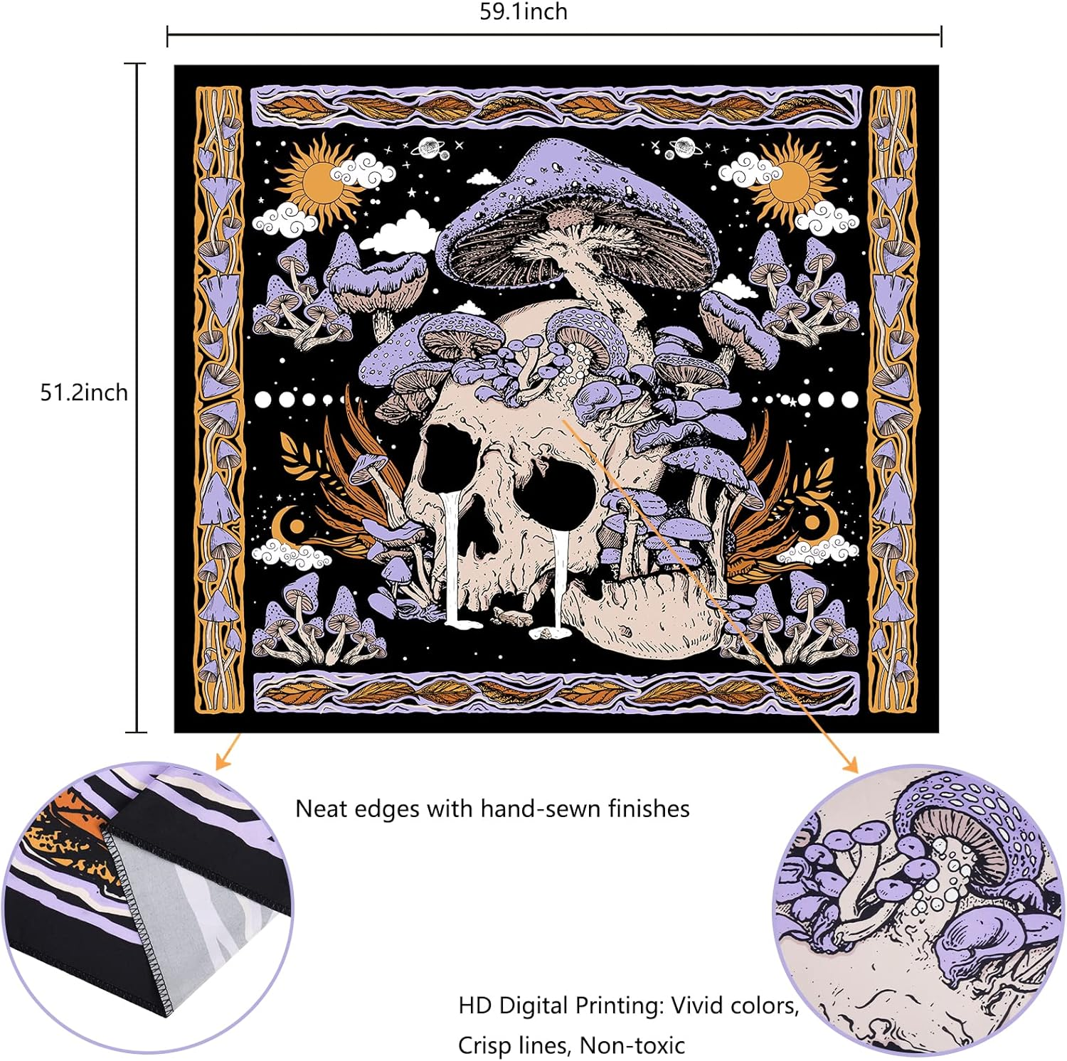 Uspring Mushroom Tapestries Skull Skeleton, Leaves, Large Purple Tapestry for Bedroom, Wall Hanging for Room (51.2 X 59.1 Inches) image number 1