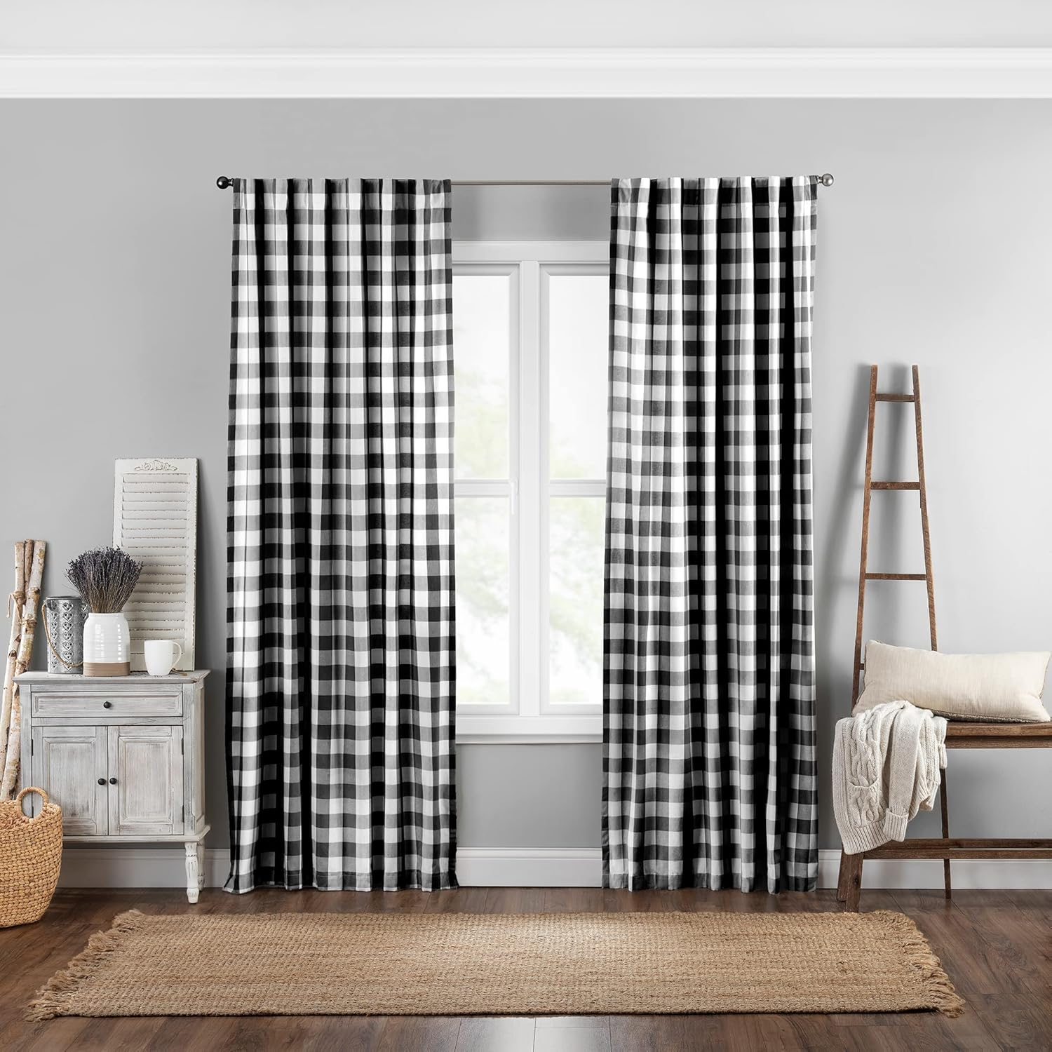 Elrene Home Fashions Farmhouse Living Buffalo Check Window Kitchen Tier Set, 100% Cotton, Black/White, 60" X 15" (1 Valance)