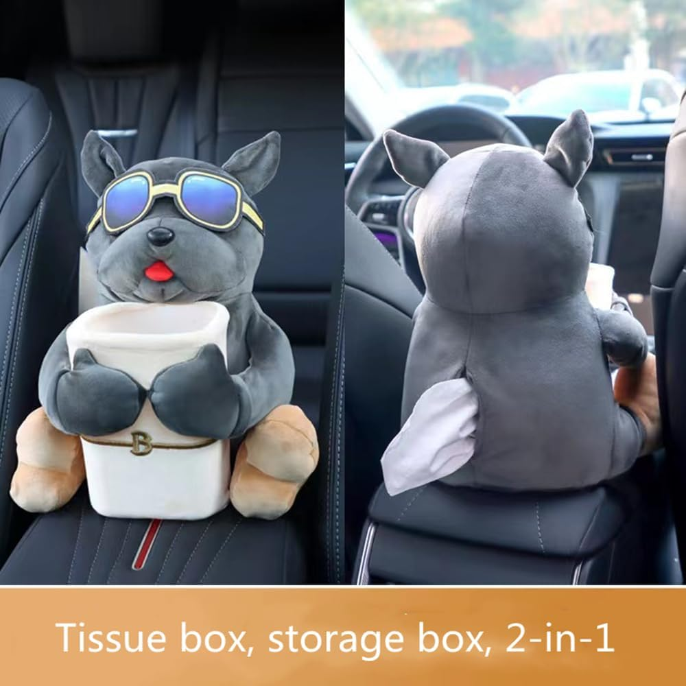YJPPDD Multifunctional Car Trash Can and Storage Box, Cute Grey Dog Tissue Box, Creative Animal Cartoon Decorative Organizer