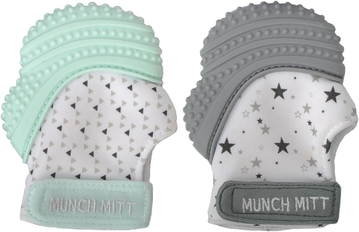 Munch Mitt Bundle Unisex, X1 Mint Green (MM06GT) and X1 Grey Stars (MM08GS) Teething Mittens image number 2