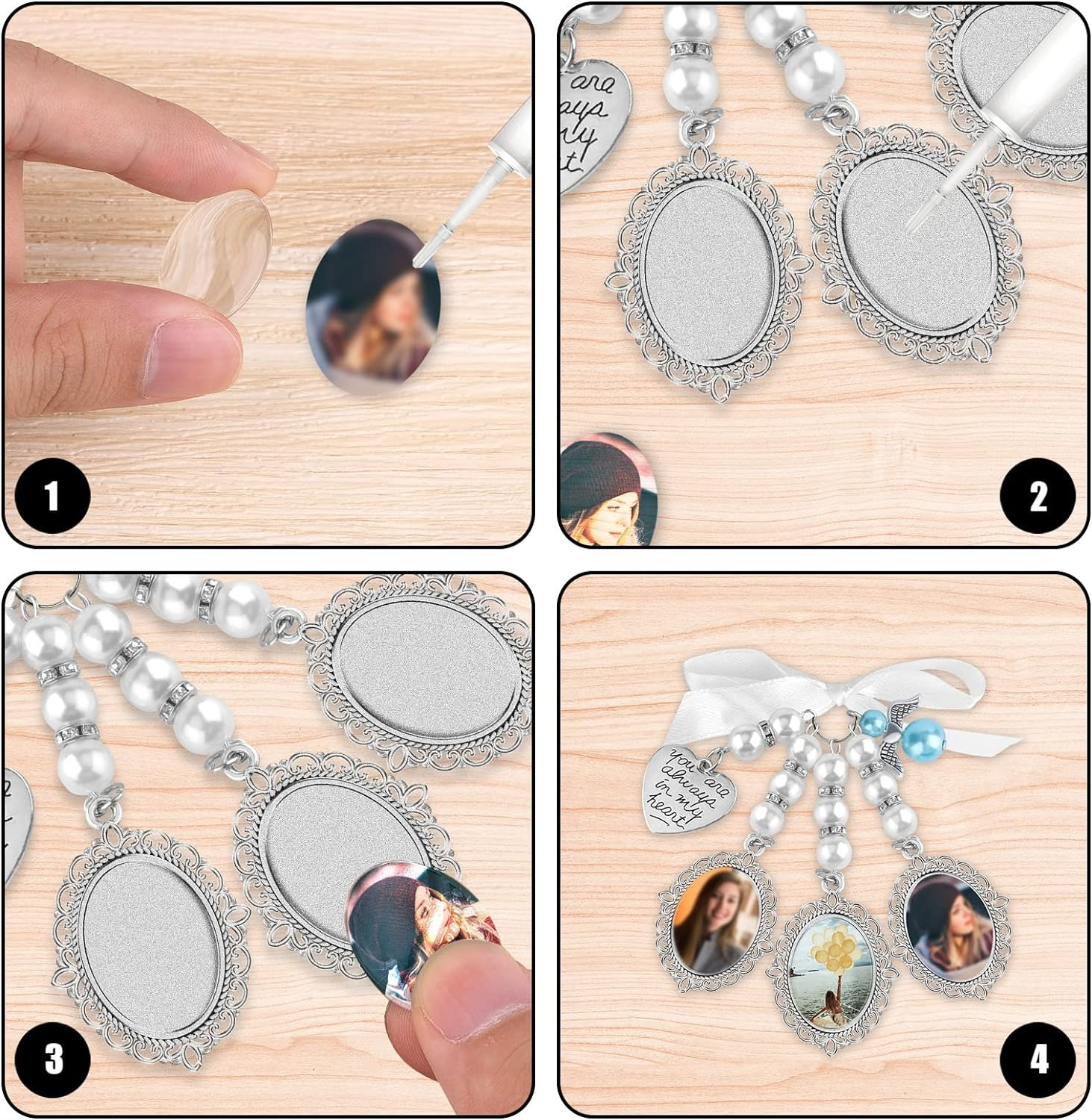 SAVITA 1Pc Wedding Bouquet Photo Charm with 3Pcs Picture Frames 3Pcs Oval Glass Cabochons Aesthetic Bridal Bouquet Charm Holders with Bow-Knot Rhinestone Pearl Heart Styled Pendent for Bridal Shower image number 6