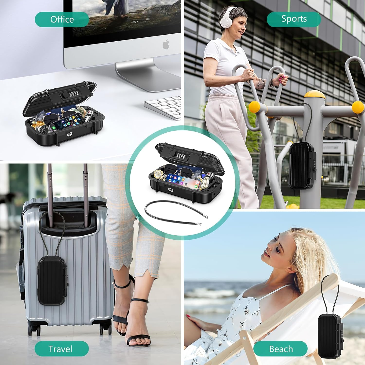 ORIA Portable Safe Box, Combination Security Case, Waterproof Security Travel Lock Box with 4-Digit Code, Detachable Wire Rope, Anti-Theft Key Storage Lockbox for Phone, Card, Home, Hotel, Beach image number 1