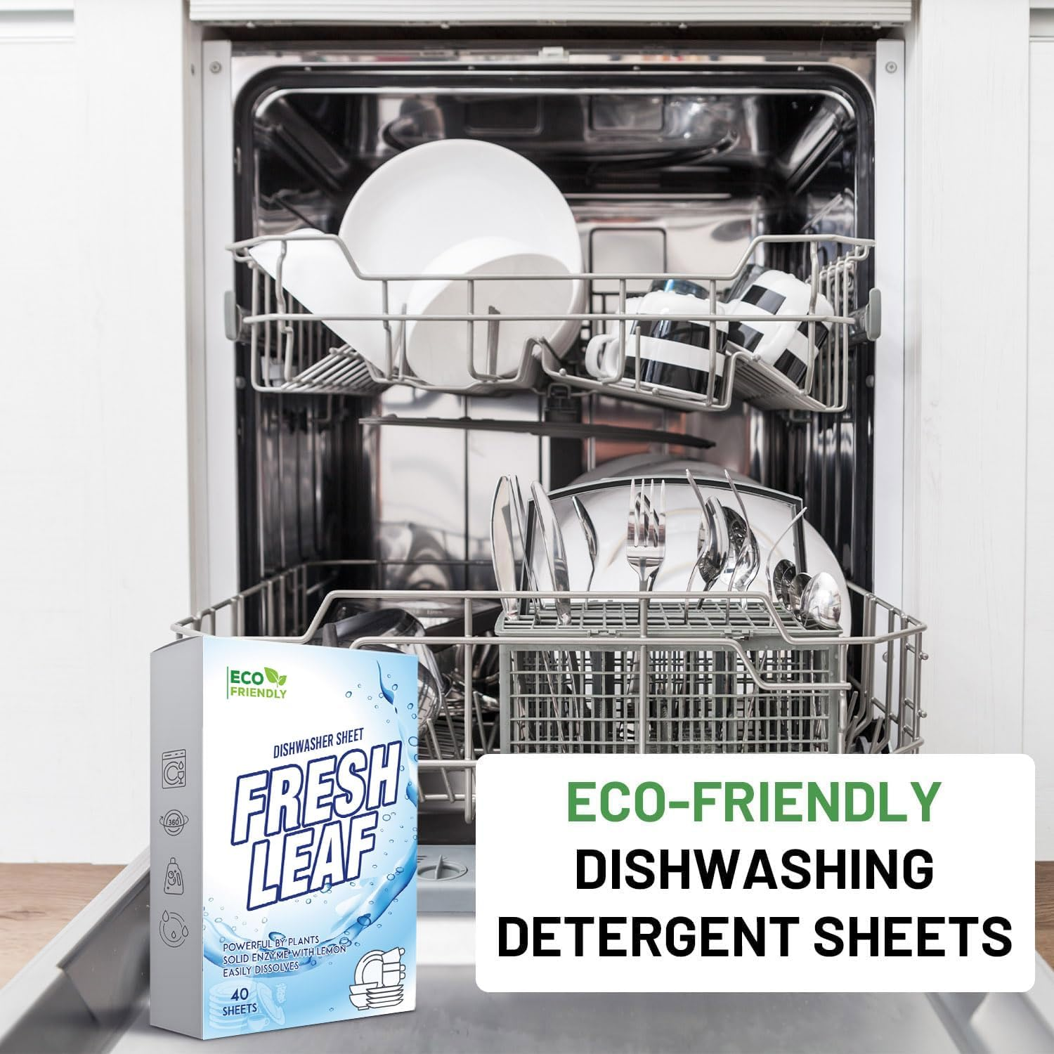 Eco Friendly Dishwasher Detergent Sheets - 40 Rinse Tabs Solid Enzyme - Plastic Free Plant-Based Zero Waste Dishwashing Dish Liquidless Soap Pods Aid Washer Tablets Kitchen Powder Travel