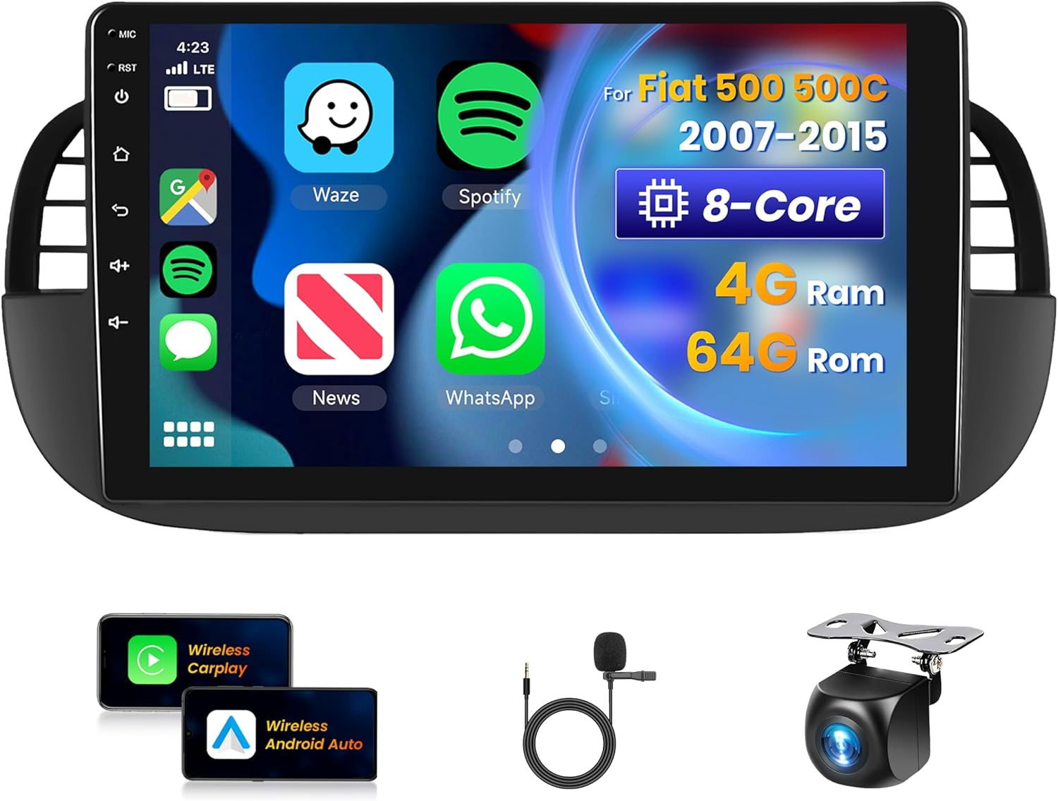 [8 CORE 4G+64G] Car Radio for Fiat 500 500C 2007-2015 with Wireless Carplay/Android Auto, 9 Inch Touch Screen with GPS, Wifi, SWC, Dsp+Backup Camera image number 6