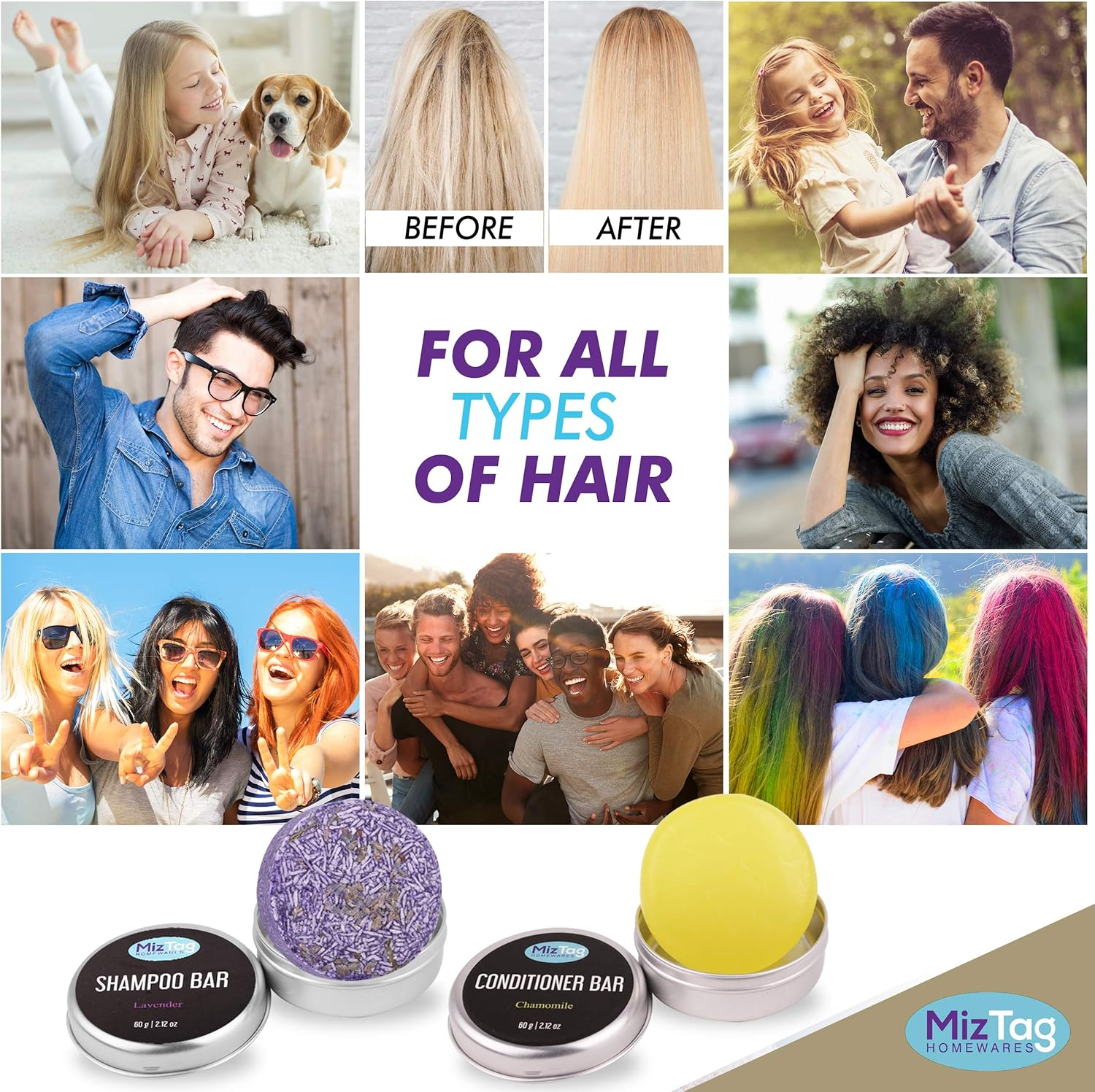 Shampoo and Conditioner Bars with Natural Vegan Ingredients - Phthalate-Free, Paraben-Free - Holder and Travel Tins Included image number 4