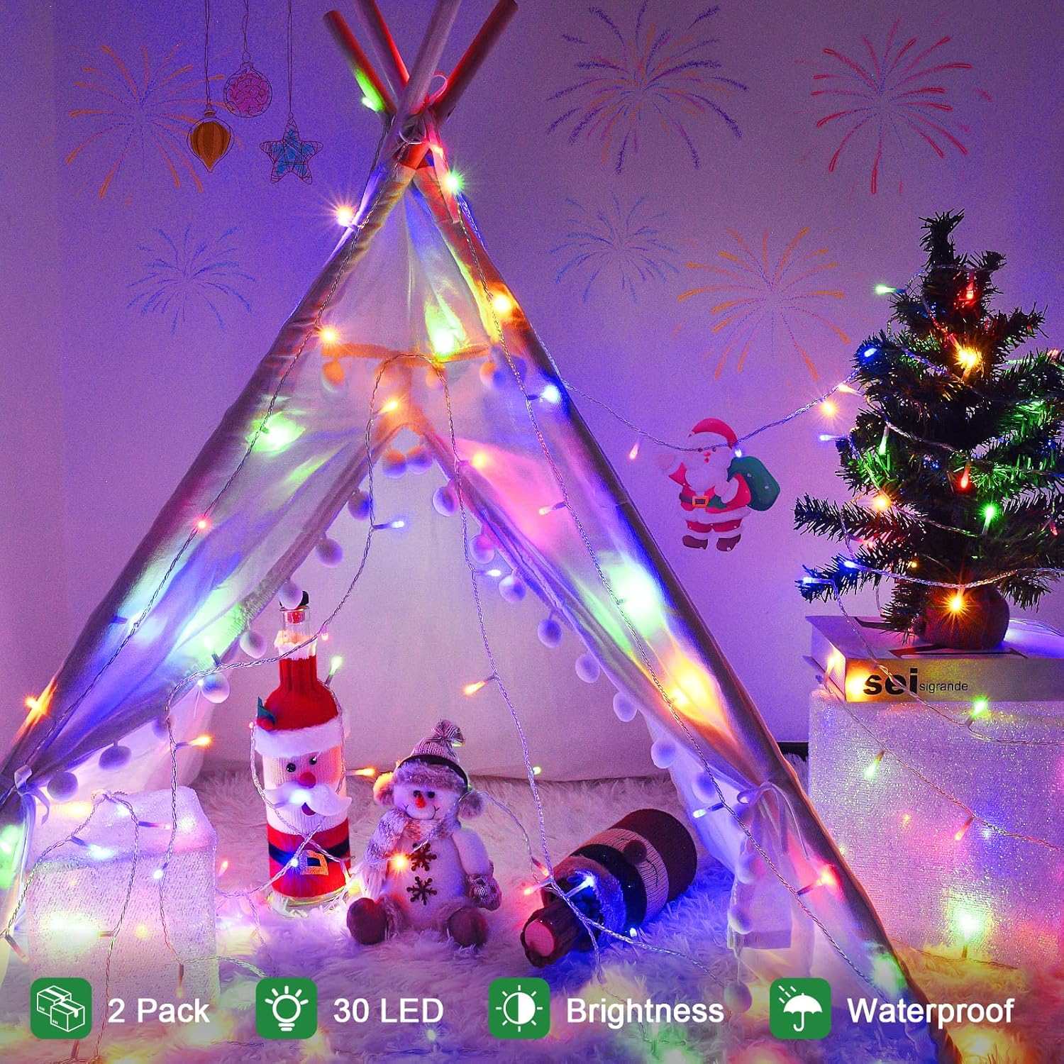 Isisyu Pack of 2 Fairy Lights Outdoor Battery, 3 M 30 LED Fairy Lights Battery with Timer, IP65 Waterproof Fairy Lights Colourful for Indoor Outdoor Christmas Wedding Party Bedroom Christmas Tree