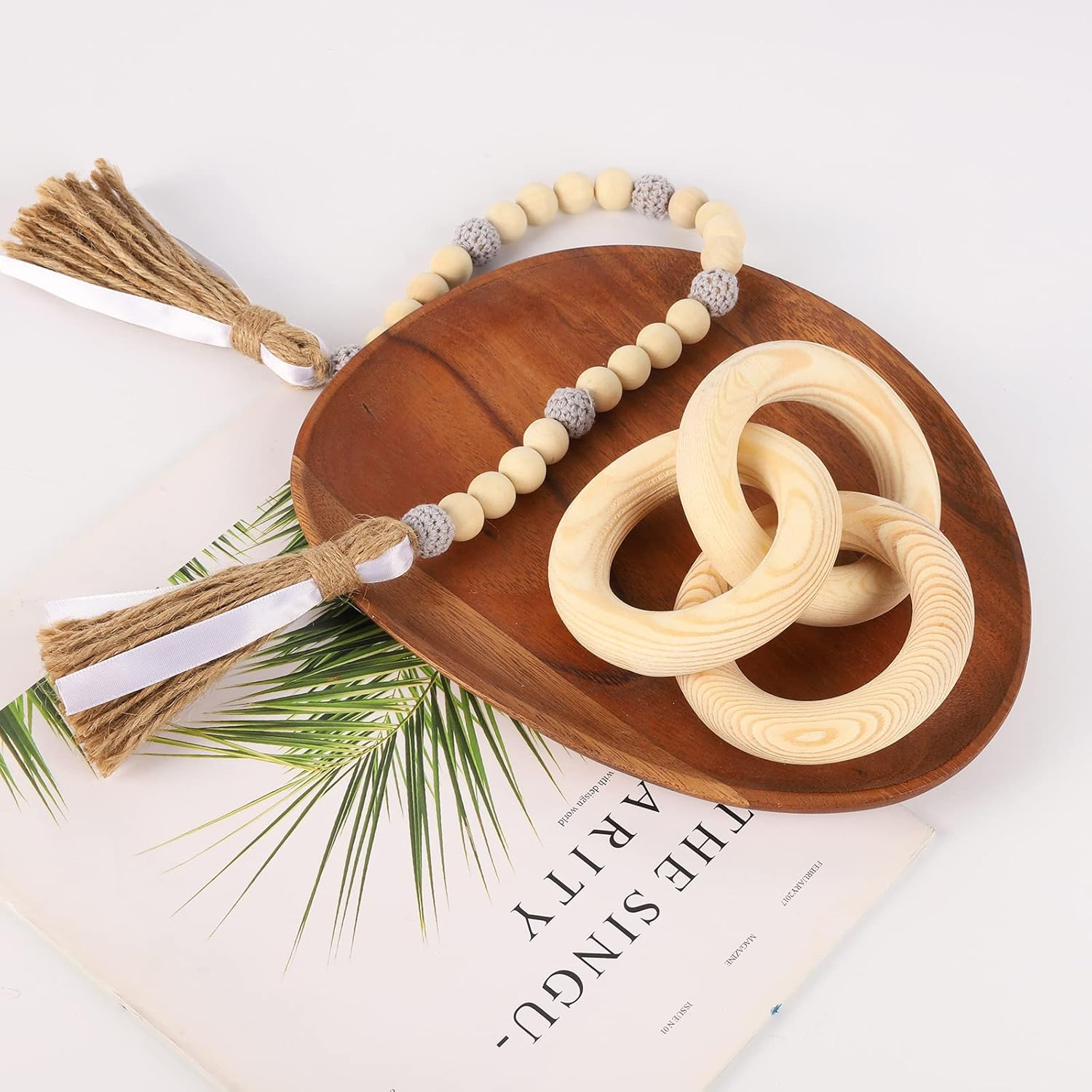 Wood Chain Link Decor 3-Link,8.3 Inch Length Wood Knot Decor,Wood Color Carved Decorative Chain Knot,Knot Decorative Object,Coffee Table Decor,Country Chain Knot Decor,Mom Gifts,Wooden Links - Black image number 5