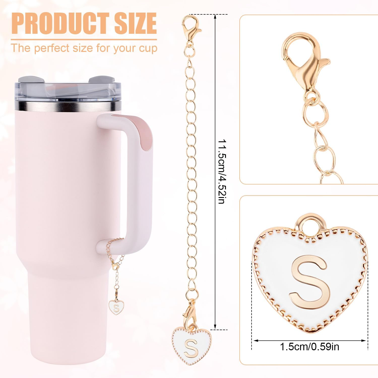 Letter Charms Accessories for Stanley Cup, Heart Alphabet Pendant Personalized Name ID Initial Letter Decorations Handle Chain for Stanley Tumbler Accessories image number 6