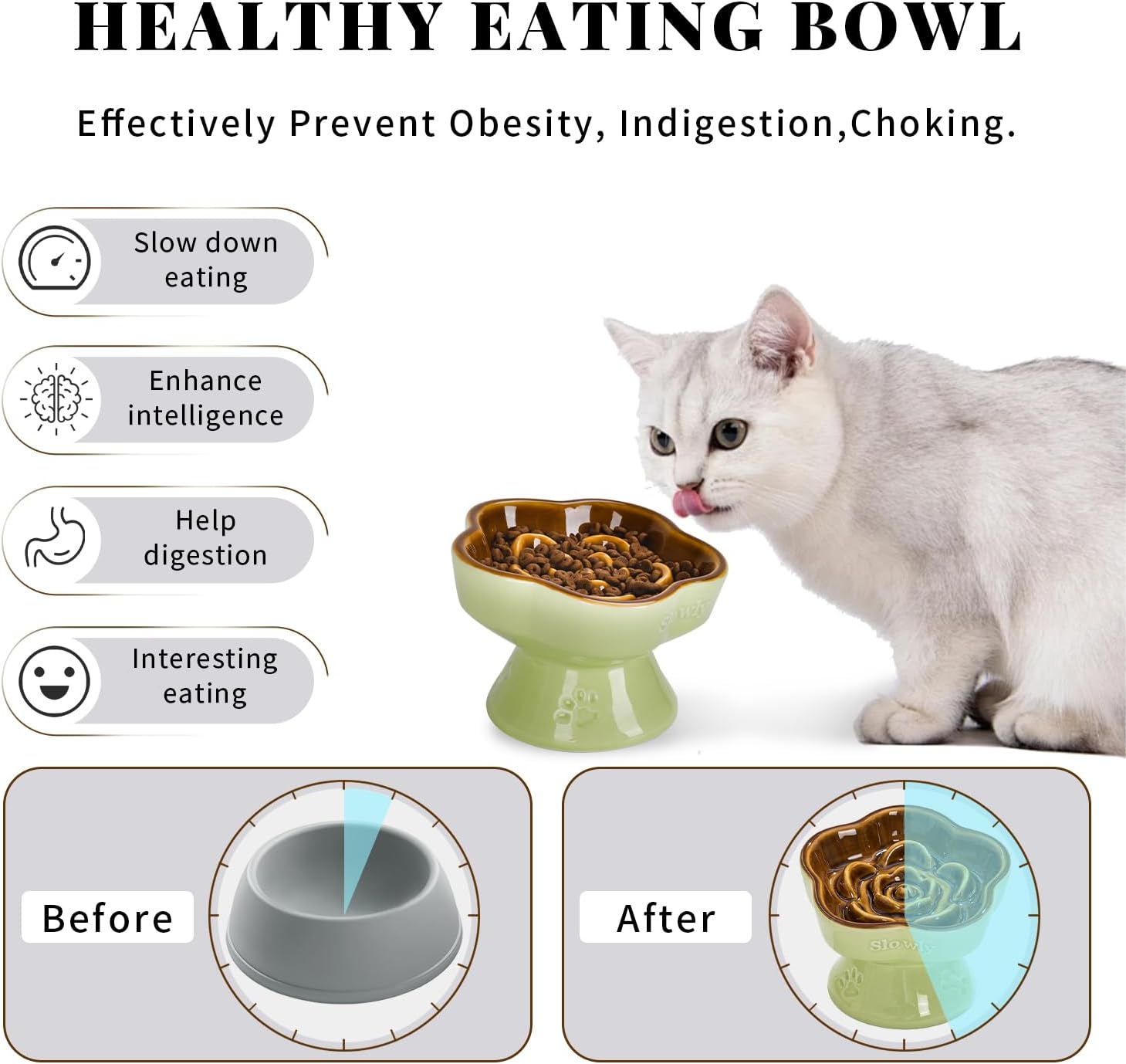 S&Q'S Ceramics Raised Slow Feeder Cat Bowl, Ceramic Elevated Cute Pet Food Bowl Small Dogs Slow Feeder, Flower Shaped Cute Cat Dish for Dry and Wet Food (Brown, 5.8") - Blue image number 6