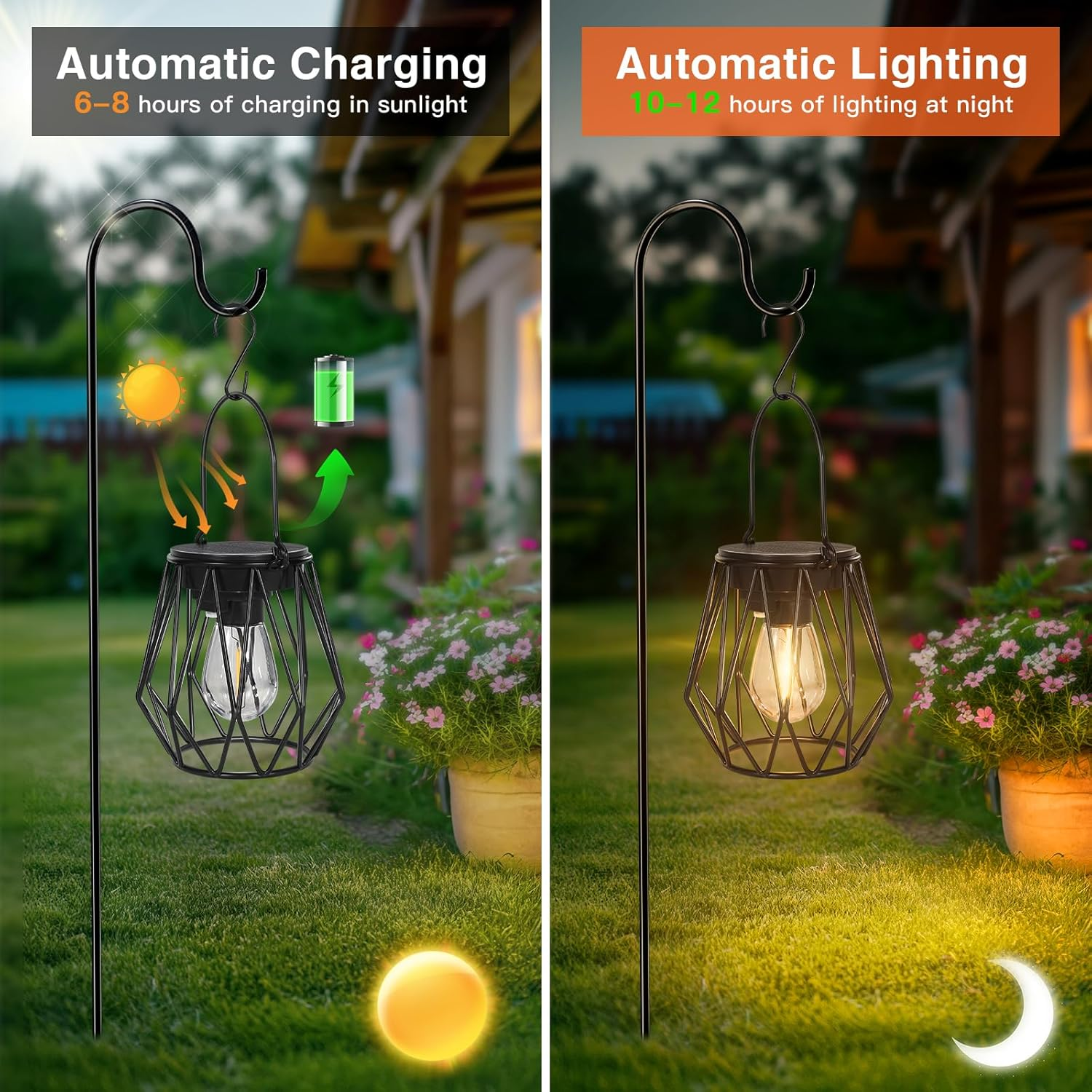 Solar Lights for Outdoor Hanging/Standing, Pack of 2 IP65 Waterproof Metal Solar Lantern, Retro LED Solar Lanterns, Diamond for Outdoors, Garden, Balcony, Outdoor, Patios, Warm White