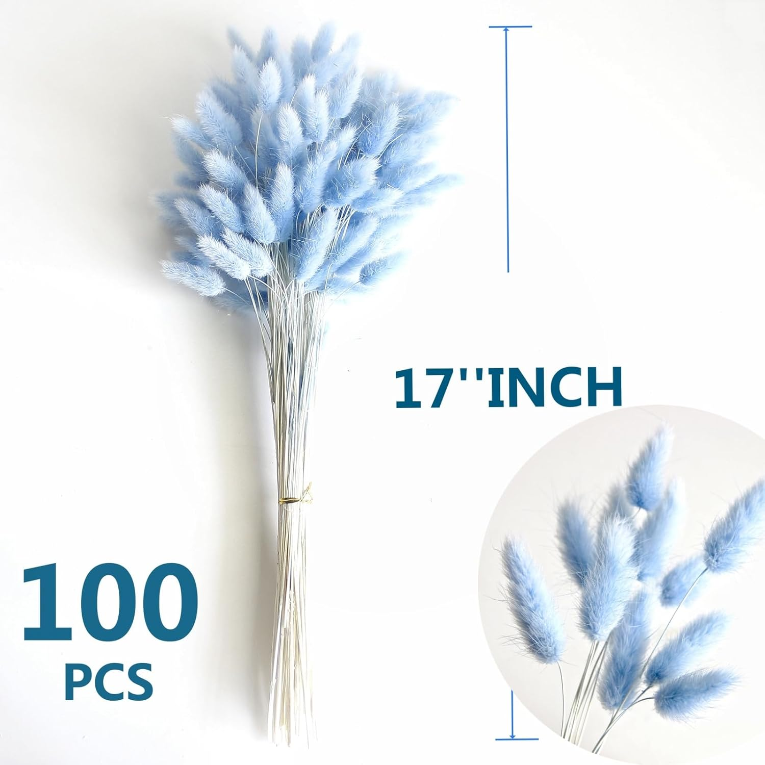 120 PCS Blue Dried Pampas Grass Decor, 17-Inch Pompas Floral, Dry Flowers for Decoration, Pampas Grass in Bulk Tall, Blue Bunny Tails Dried Flowers for Boho Wedding Decor image number 5