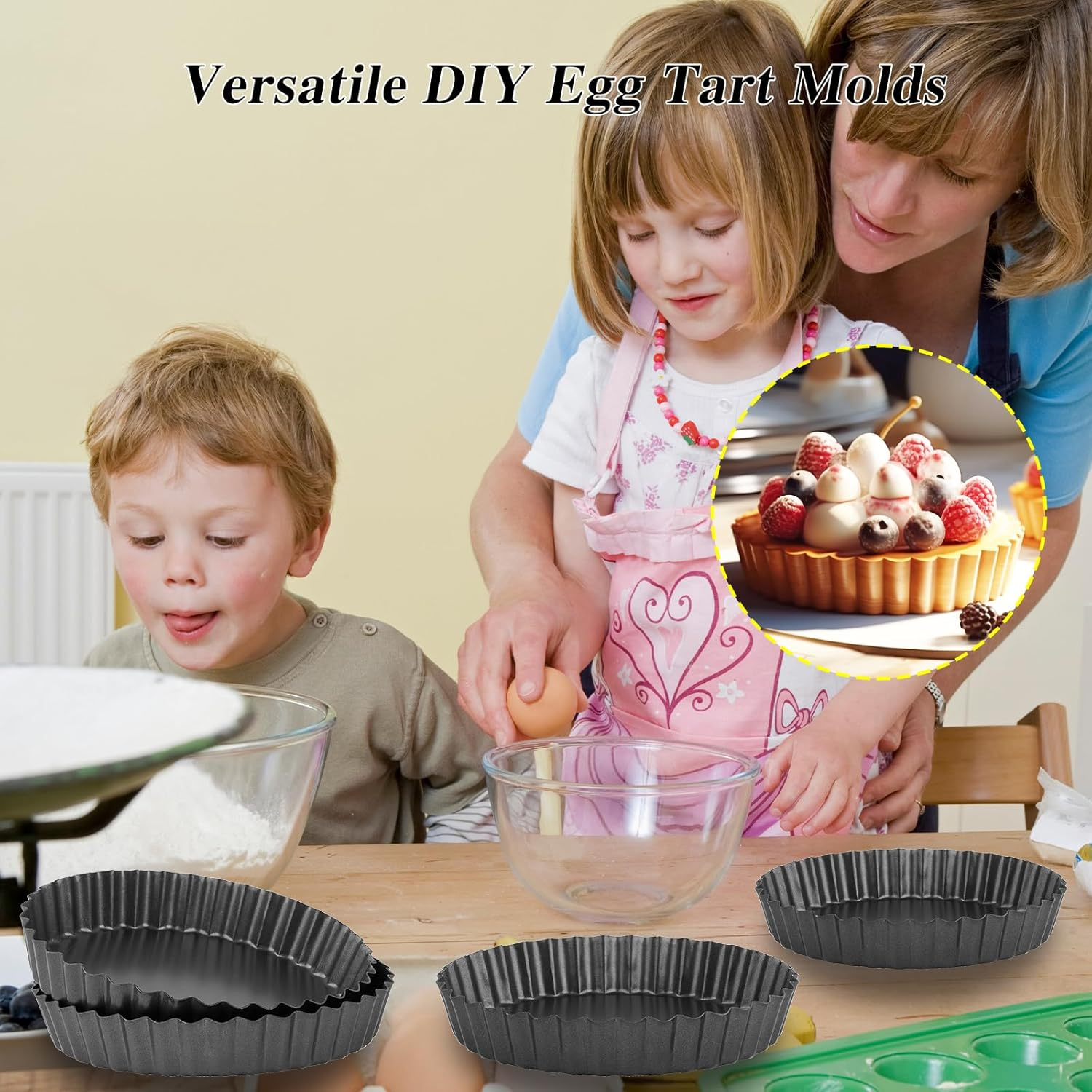 Mini Tart Pans Removable Bottom Pie Pans Mini Quiche Pans for Baking Tartlet Tart Mold 5.5 Inch Carbon Steel Reusable Baking Tools Black round Set of 4 image number 3