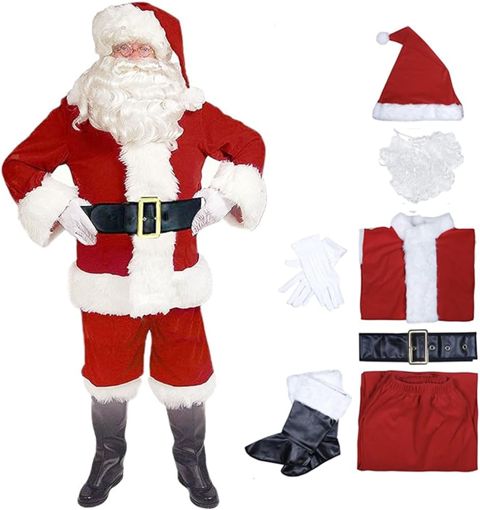 Ricjurzzty 7PCS Christmas Santa Claus Costumes for Men Santa Suit with Beards Hat Boots Christmas Santa Outfit Set for Men Adults for Christmas Party Holiday image number 4