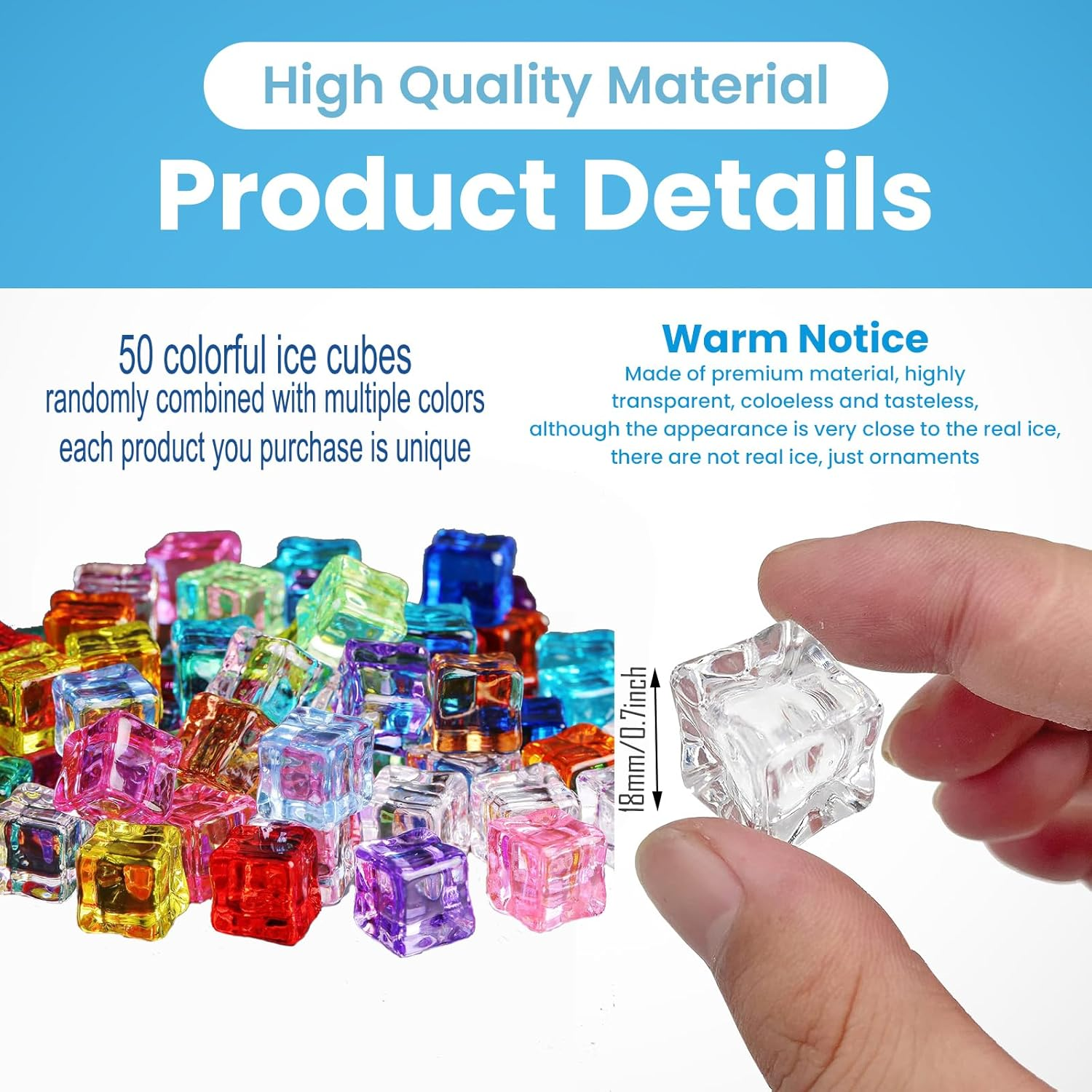 FEIQIAO Clear Fake Ice 50 PCS 0.6 Inch Cubes Plastic Ice for Photography Props Home Decoration Vase Fillers Wedding Decoration image number 3