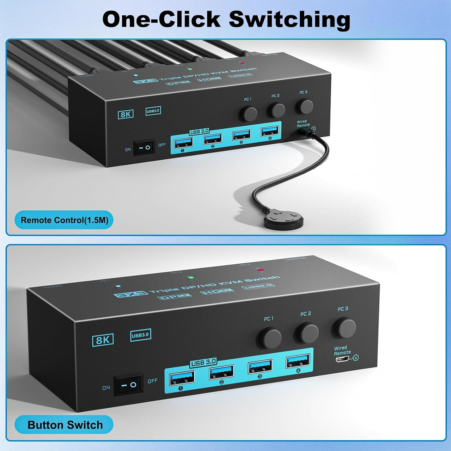 8K/4K KVM Switch 3 Monitors 3 Computers Triple Monitor 3 Port 2 Displayport 1.4 and HDMI 2.1 USB 3.0 KVM Switches, DP 1.4 Supports 8K@30Hz/4K@144Hz, HDMI Supports 8K@60Hz /4K@120Hz with Wired Remote image number 3