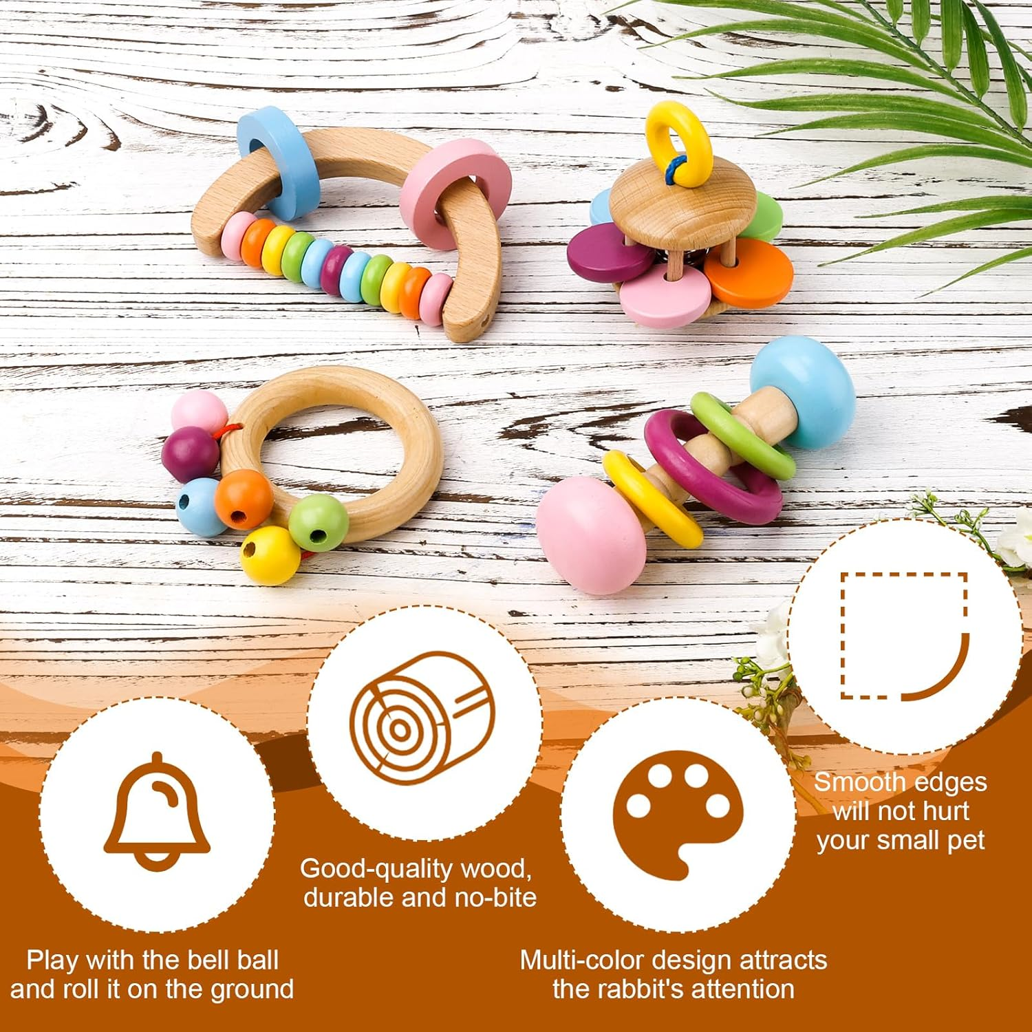 Gosknor 4 X Wooden Rabbit Toys, 4 Styles Wooden Chew Toys, Teething Rattle for Guinea Pigs Wooden Rattles for Small Animals