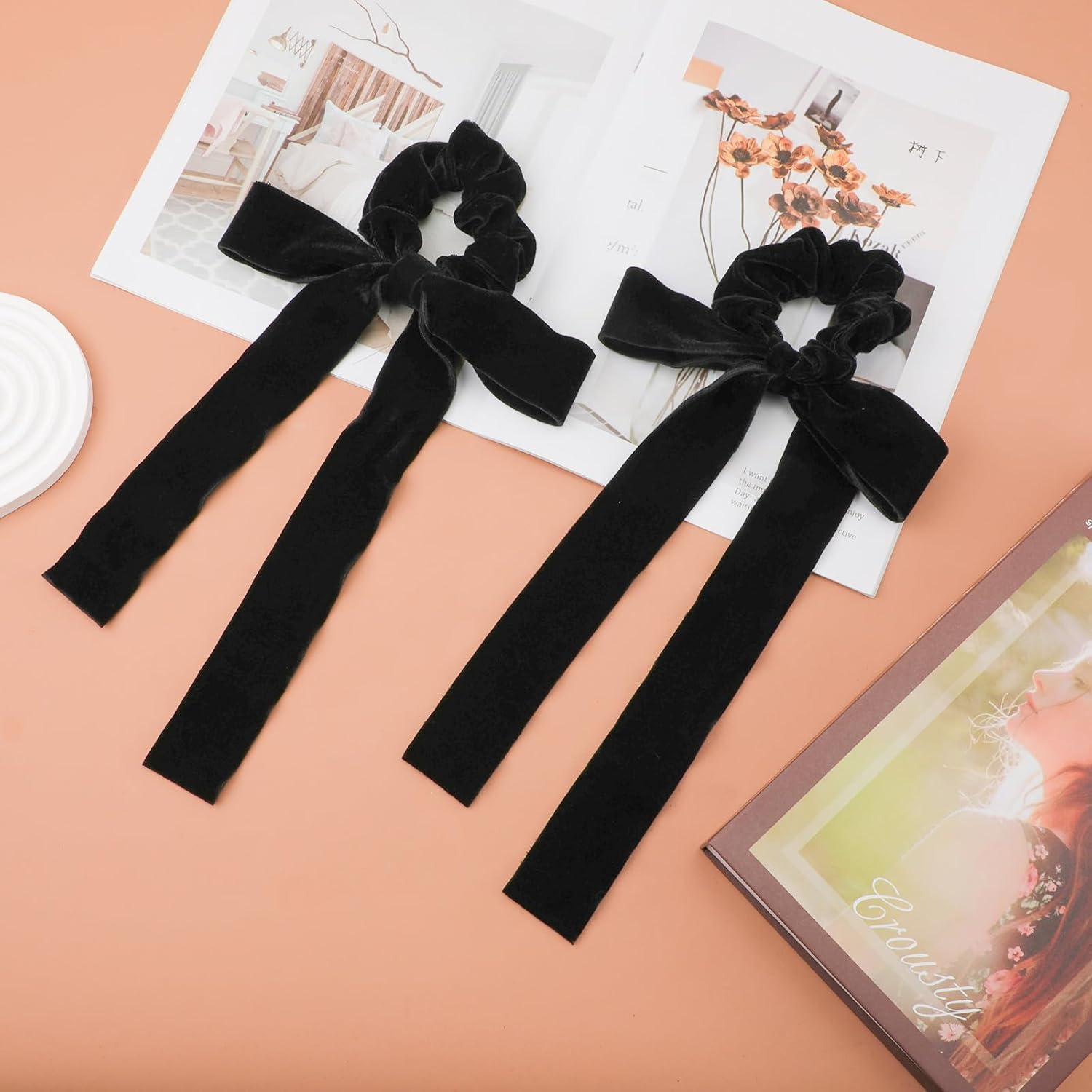 2Pcs Velvet Hair Scrunchies Bows, Black Velvet Hair Bows for Women, Elegant with Elastic Bands Ponytail Holder Ties Ribbon Women Girls image number 2