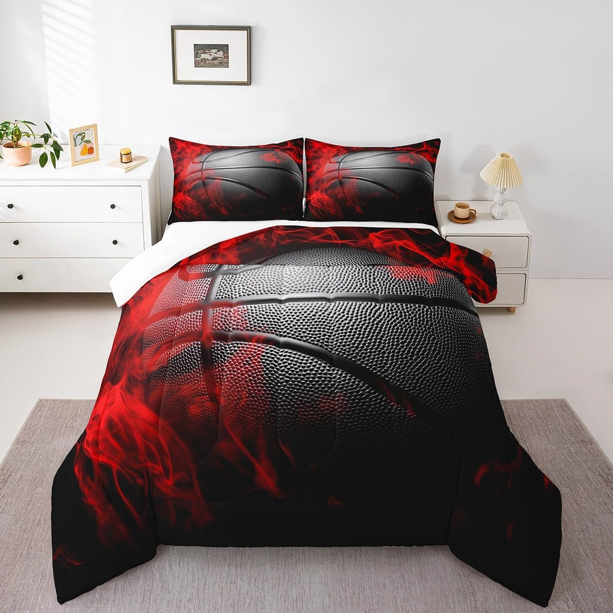 Homewish Basketball Comforter Set King Size Black Basketball Print Bedding Set 3Pcs for Kids Boys Girls Teens Adults Gamer Bedroom Decor,Ball Gaming Sports Theme Duvet Insert with 2 Pillowcases image number 5