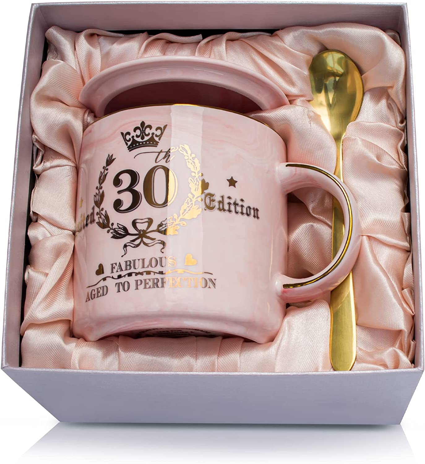 Mum and Dad Coffee Mugs Set - Gifts for Pregnancy Announcement - 14Oz Funny Ceramic Couples Mugs - New Parent Gift, Anniversary Birthday, Marble Cup with Lid Spoon Greeting Card Boxed (Pink & Gray)
