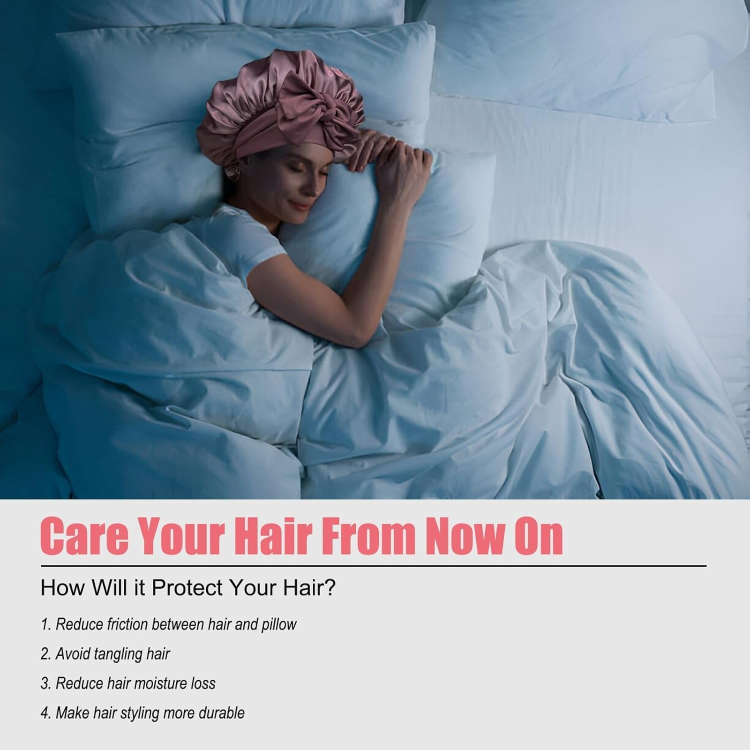 Silky Satin Bonnet for Sleeping,Double Layer Silk Hair Bonnet Women Large Wide Soft Band Sleep Cap for Curly Hair Braids image number 3