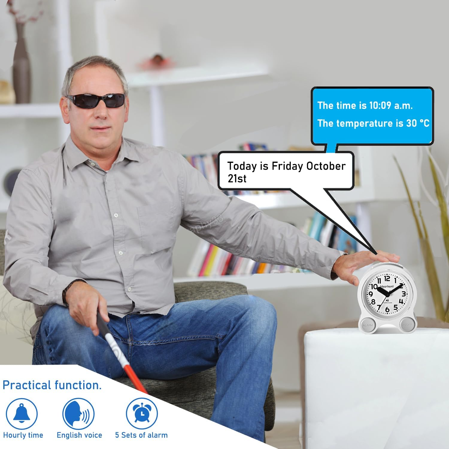 Talking Clock for Elderly, Blind, Visually Impaired, English Voice Announcing Time Date and Week, Backlight and 5 Daily Alarms, Easy to Operate Speaking Alarm Clock, Low Vision Aids image number 5