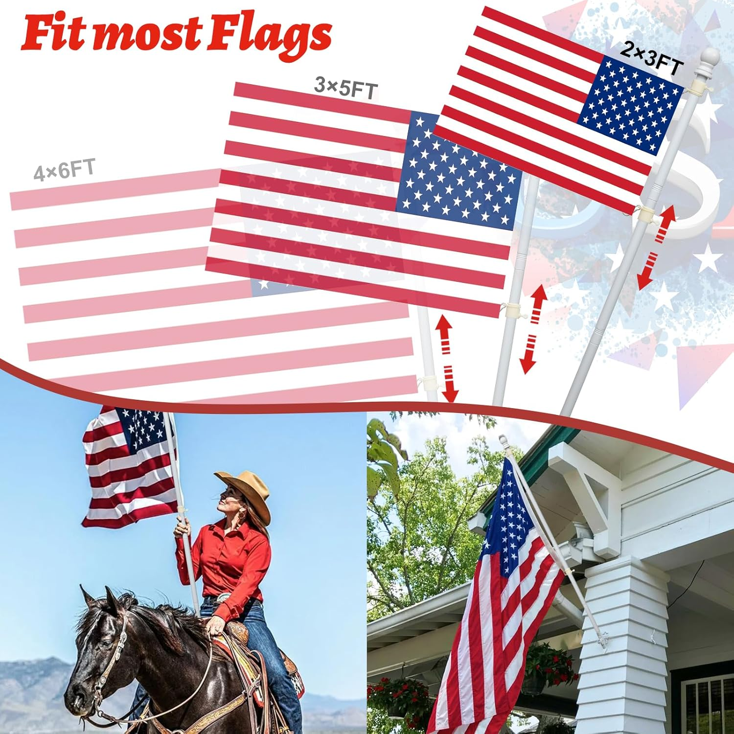 Decorative Flag Pole Kit - 7Ft Tangle Free Heavy Duty Flag Pole for outside House,Adjustable Flagpoles Residential for Outdoor Porch Garage Boat Truck, 3X5 4X6 Wall Mount & Hand Held Flagpole,White image number 2