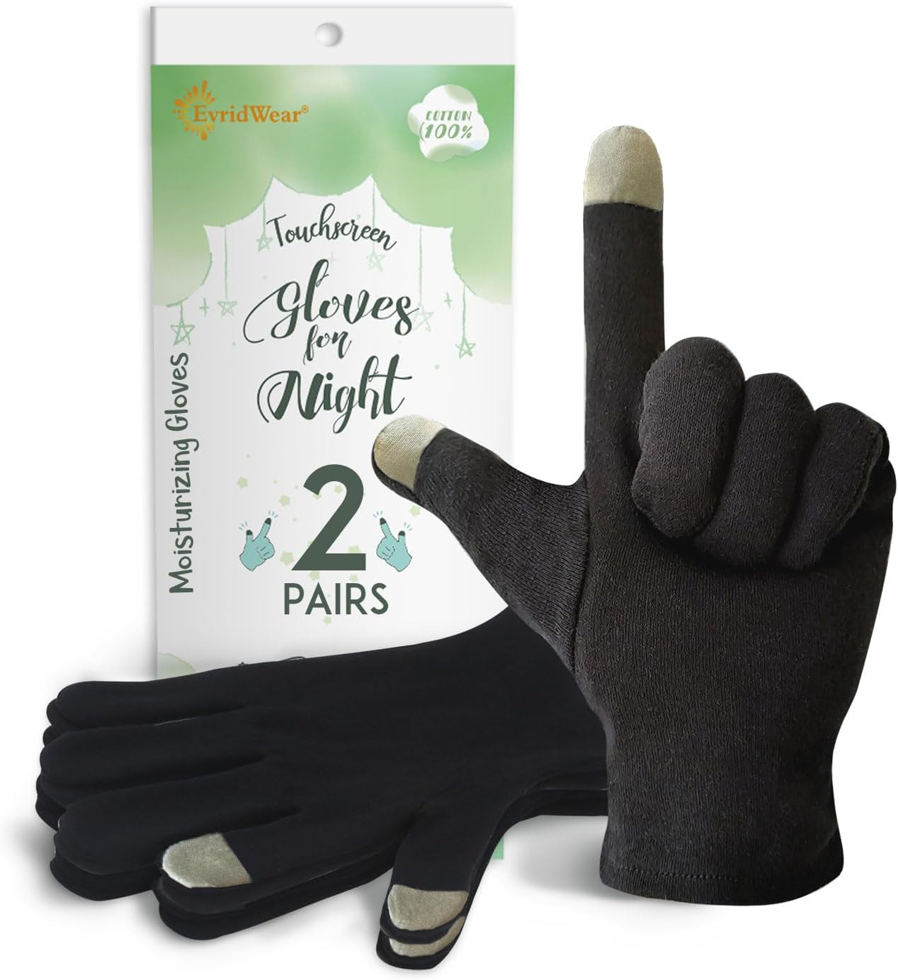Evridwear 100% Cotton Touchscreen Moisturizing Beauty Gloves with Elastic Cuff, Natural Cosmetic Therapy Gloves for Eczema SPA Dry Hands Care Overnight (Black, Small) 2 Pairs