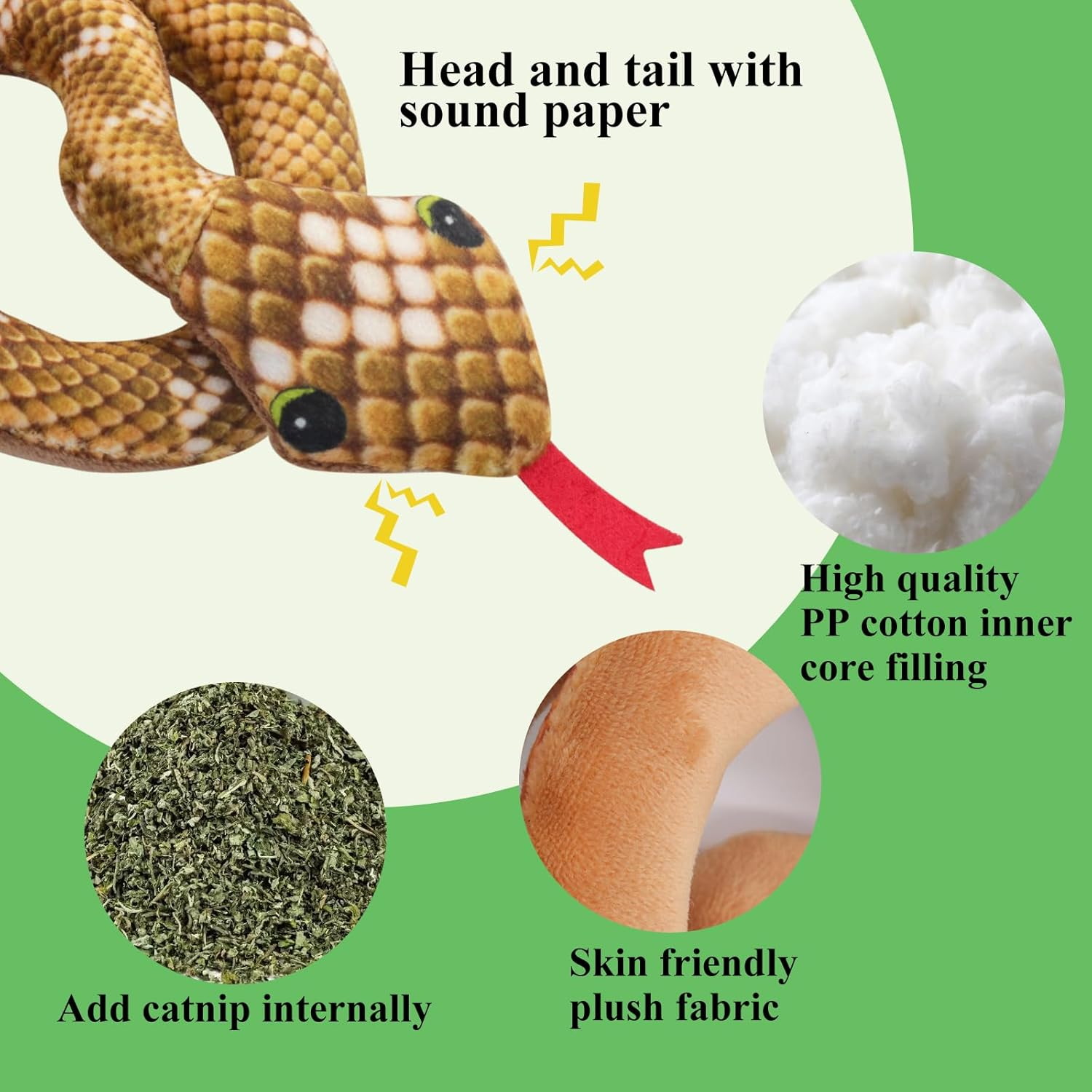 Andiker Cat Catnip Toy for Cats, 31 Inch Long Snake Catnip Toy with Crinkle Sound, Cat Interactive Toy, Plush Toy for Playing Cat Chew Toy (Green) - Green image number 5