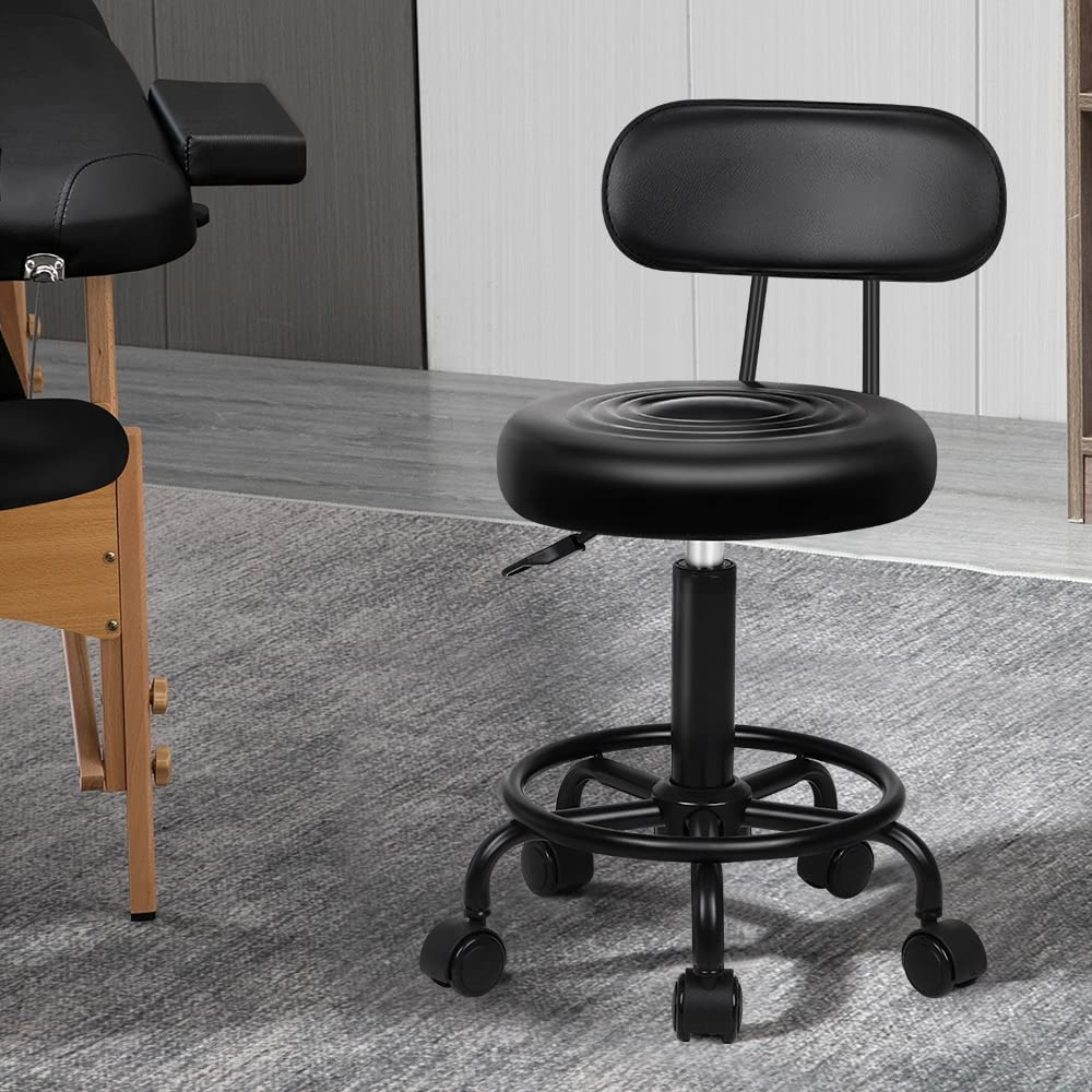 ALFORDSON Salon Stool Declan round Swivel Drafting Rolling Stools in 47.5-62Cm Height Adjustable PU Leather Spa Stool with Footrest Wheel Hair Dress Barber Chair with Backrest for Massage All Black