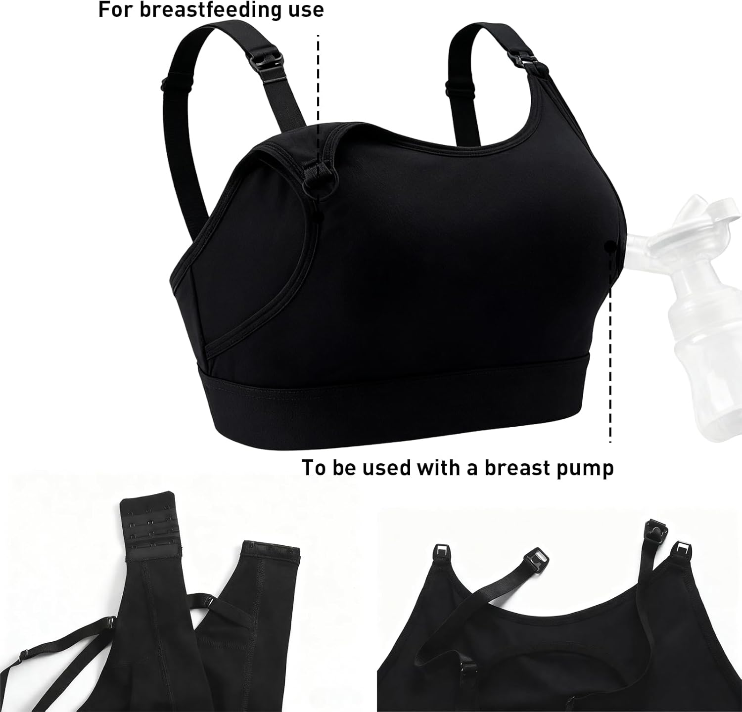 Breastfeeding Nursing Bra, Adjustable with Extended Pumping Bra, Hands-Free Nursing Bras for Breastfeeding, for Breast Pumps, Easy Feeding Black image number 6