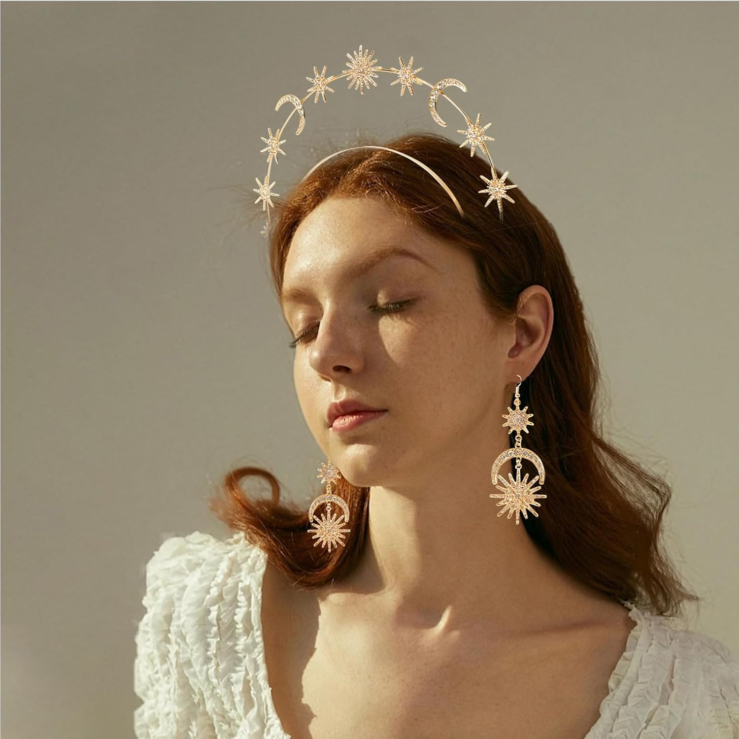 Moguri&reg; Halo Crown, Stars Crystal Goddess Headband with Earrings, Metal Halo Headpiece, Celestial Crown, Tiaras for Women, Bridal, Wedding, Costume, Cosplay, Party, Goddess Accessories image number 2