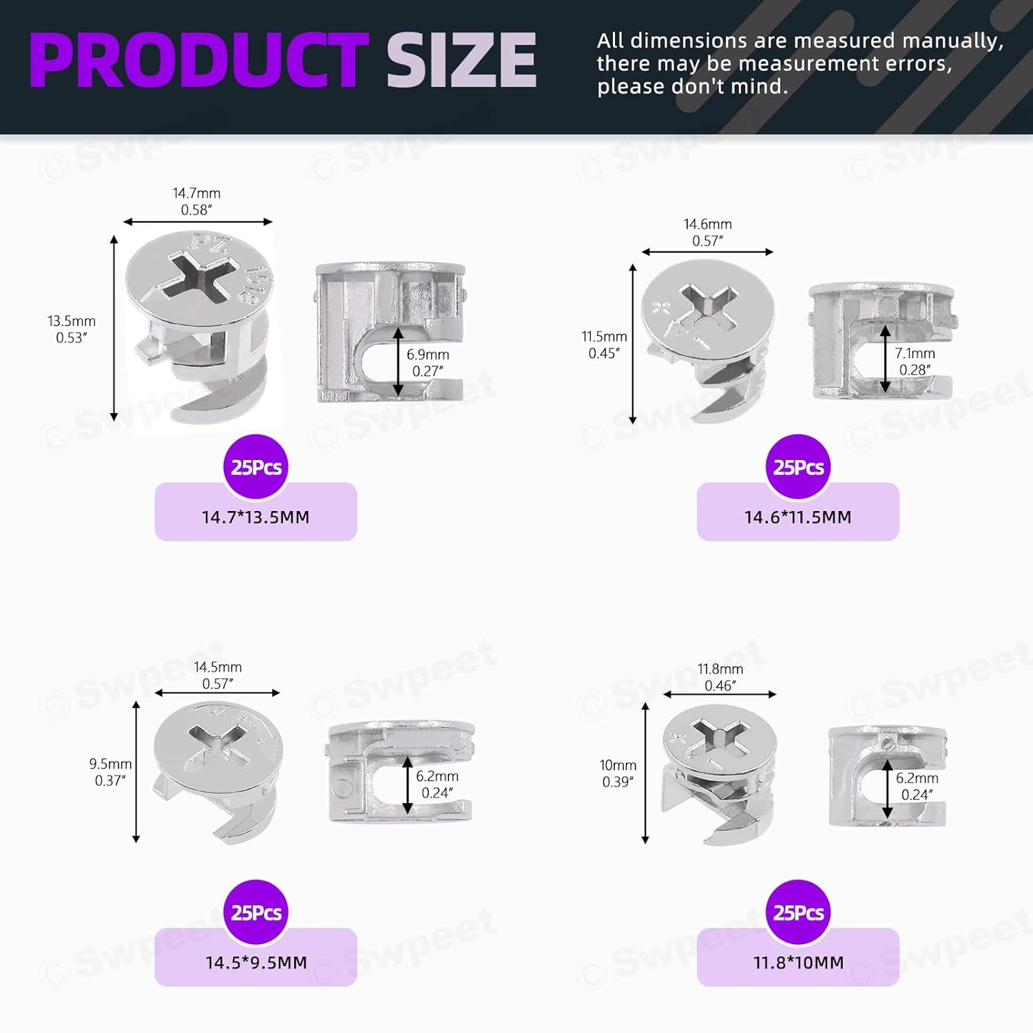 Swpeet 100Pcs 4 Sizes 3 in 1 Furniture Connecting Cam Lock Fittings Assortment Kit, Fastener Cabinet Connectors Hardware Bolts Furniture Connecting Lock Nut for Closets Bed Furniture Connecting image number 6