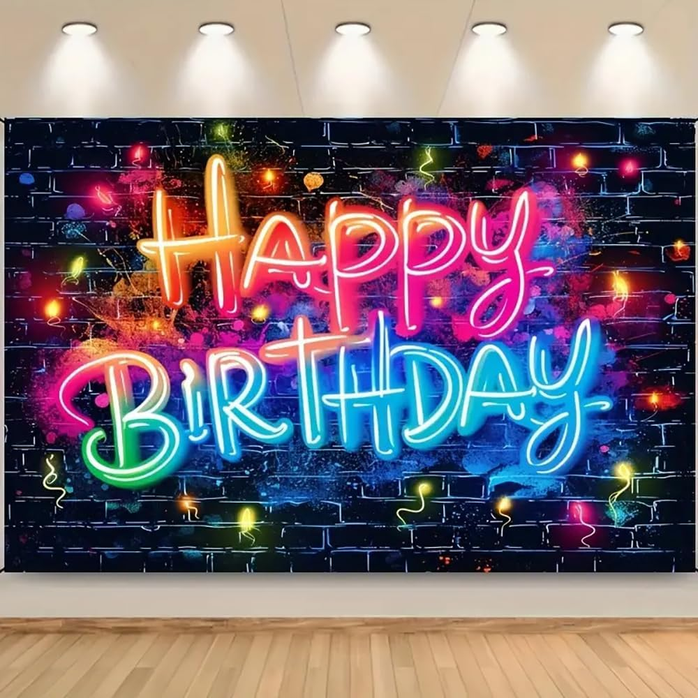 Neon Glow Happy Birthday Backdrop Banner,Glow in the Dark Brick Wall Funny Graffiti Colorful Painting Splatter Photo Background for Party Photos Shoot & Celebratory Decor (180 * 110Cm) image number 2