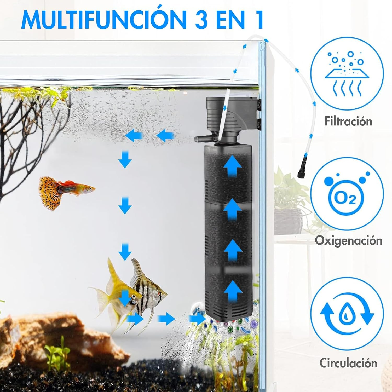 Submersible Aquarium Filter for 30-500 L, 3-In-1 Biochemical Sponge Filter for Aquarium Filtration/Oxygenation/Circulation, up to 2000L/H Adjustable Internal Fish Tank Filter image number 6