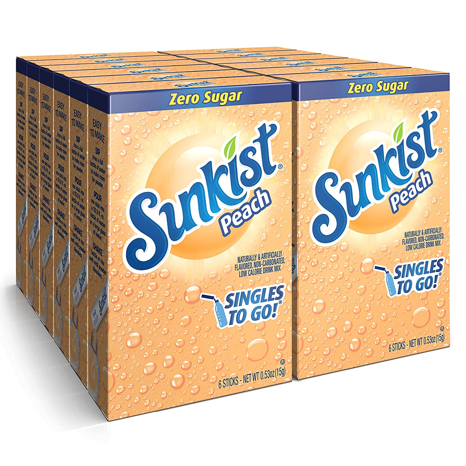 SINGLES to GO! Sunkist Soda Drink Mix in 12 Boxes with 6 Packets Each (Noncarbonated and Sugar Free), Peach,6 Count (Pack of 12)