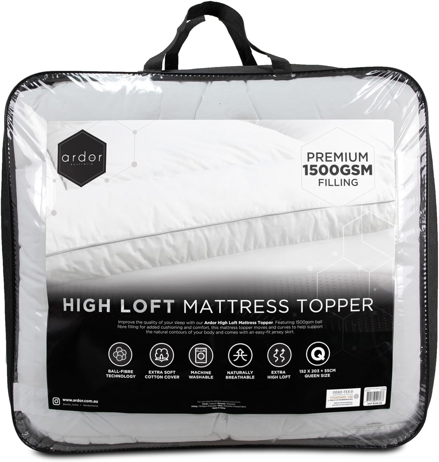 Ardor 1500GSM Ball Fibre Mattress Topper, Double, White