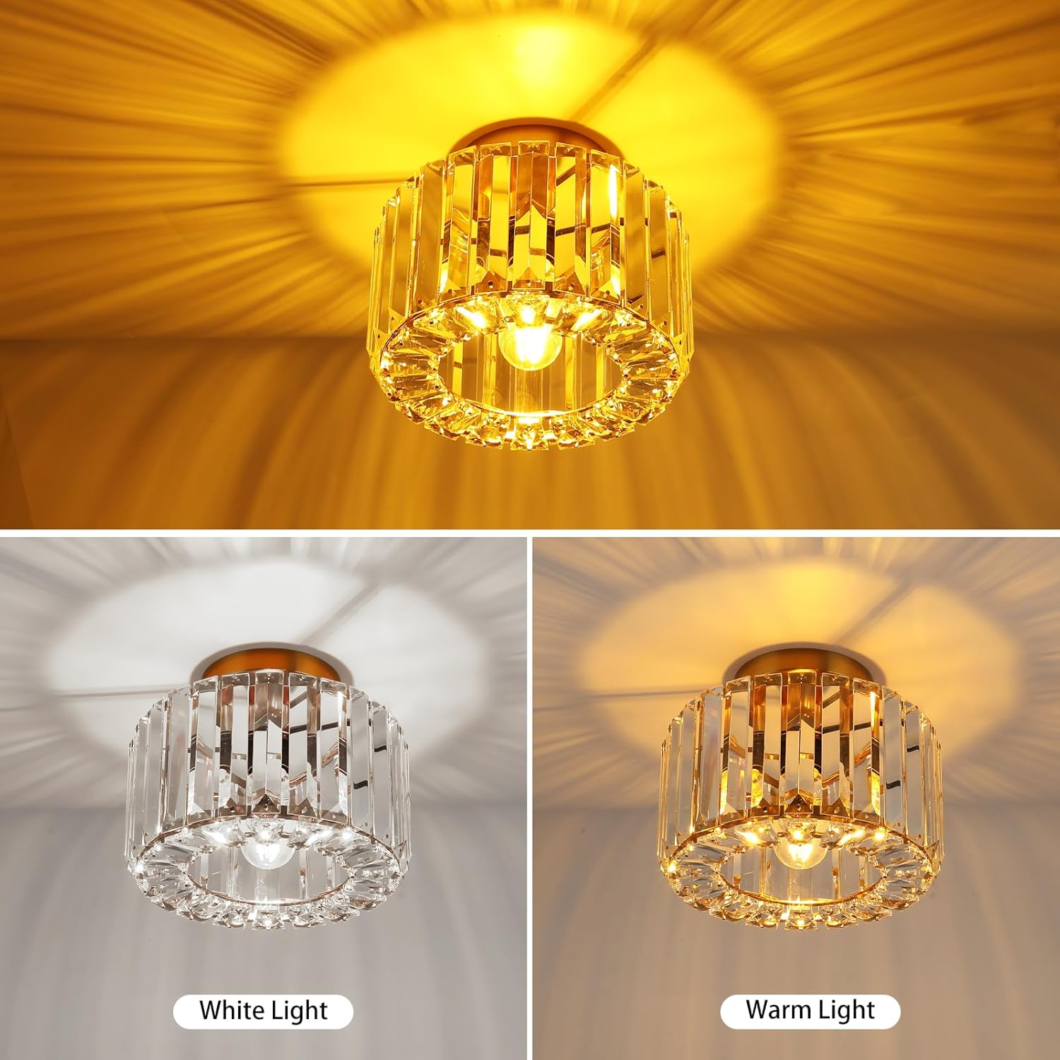 FORCOSO Crystal Ceiling Light Diameter 23 Cm, Chandelier Gold with Metal Frame Lampshade, Base E27 Ceiling Light, Modern Lamp for Bedroom, Living Room, Hallway, Kitchen, Dining Room image number 2