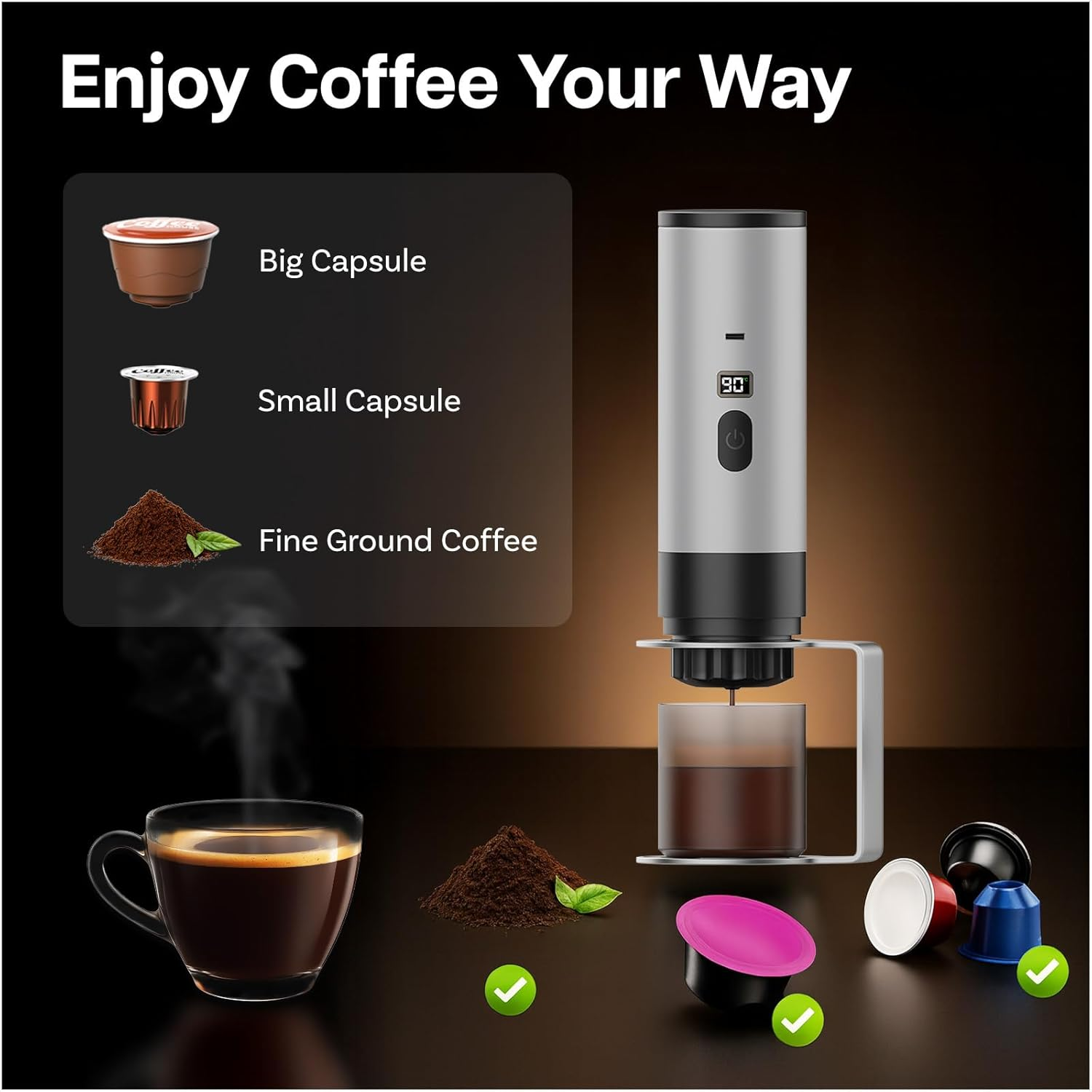 MMOBIEL Portable Coffee Machine, Electric Travel Espresso Machine with Stand, Self-Heating & USB-C - Compatible with Ground Coffee & Capsules for Travel, Camping, Home, Car, Office image number 6