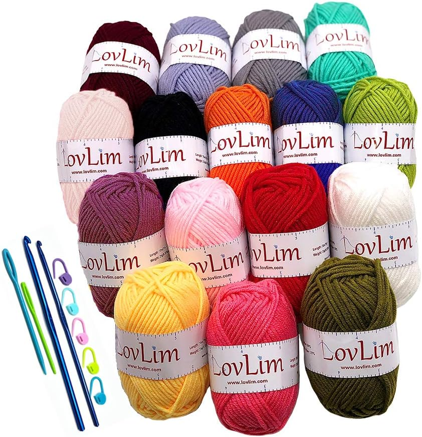 Lovlim Crochet Yarn Kit, 16 Soft Cotton Yarn Skeins,1000+ Yards, for Crochet and Knitting, Free Crochet/Amigurumi Patterns, Craft DK Yarn Perfect Starter Kit image number 3
