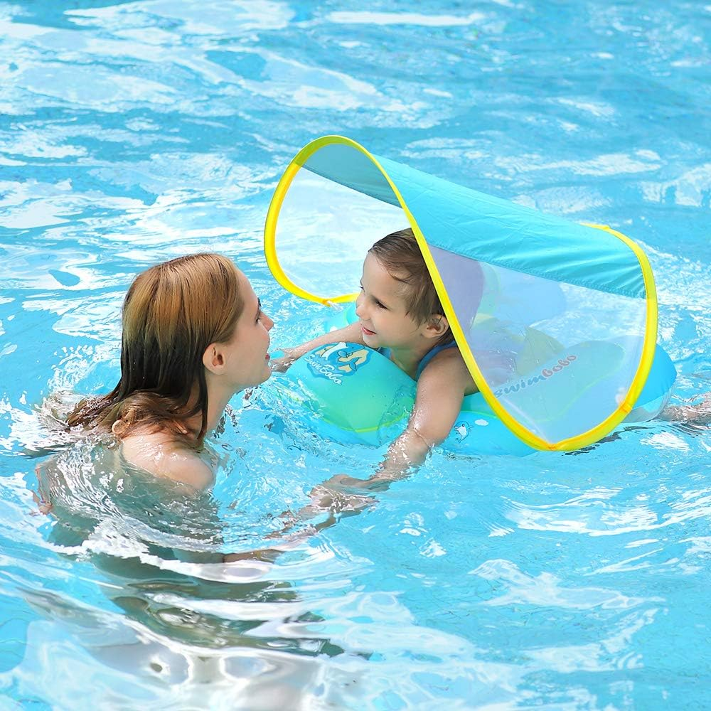 Baby Swimming Floating Inflatable Baby Pool Floating Ring Newest with Sun Shield, Add Tail No Flip for 3-36 Months