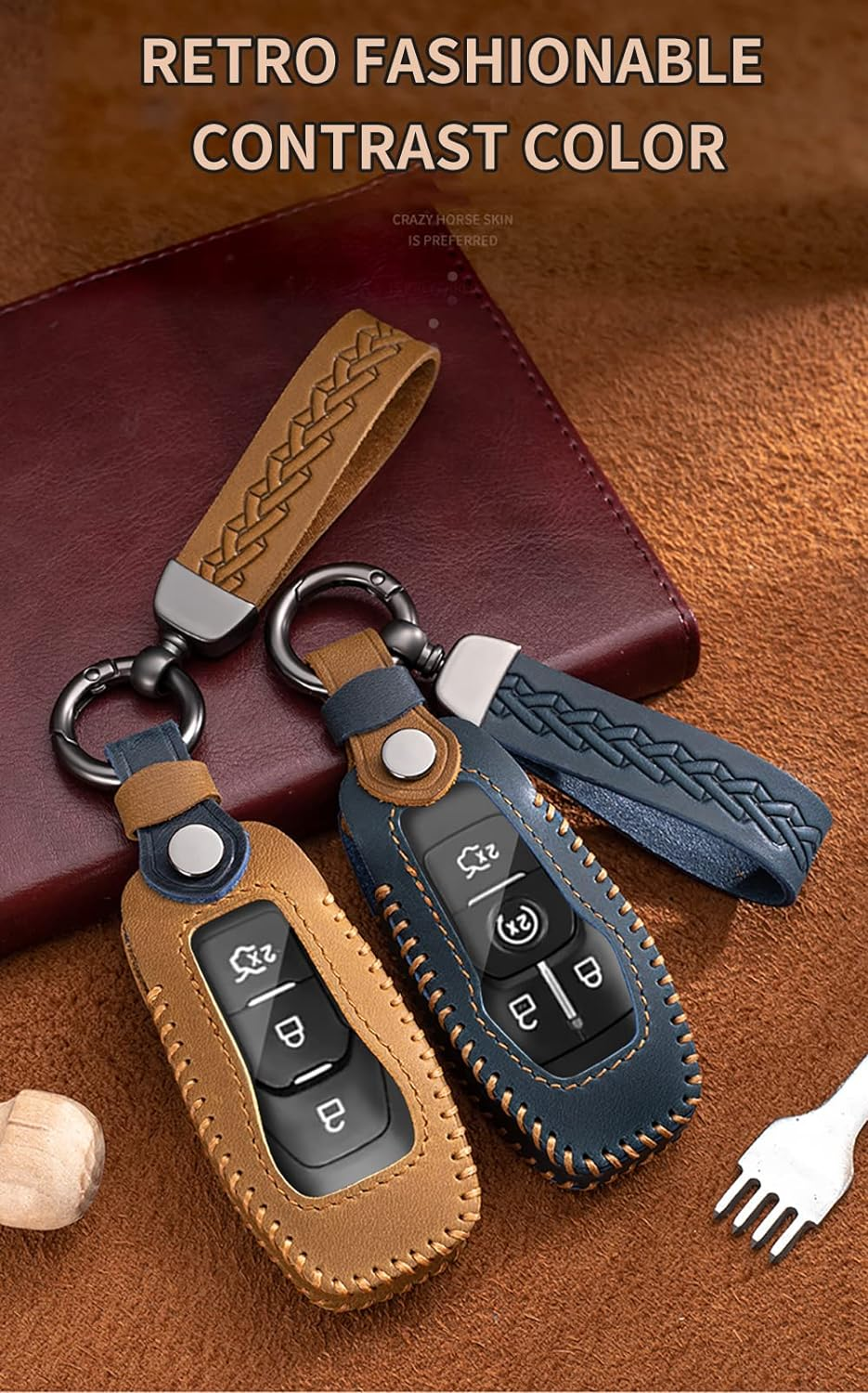 HIBEYO Leather Key Fob Cover for Ford F150 Explorer Mustang Fusion Edge Escape Mondeo Raptor F-250 F-350 F-450 F-550 Car Key image number 5