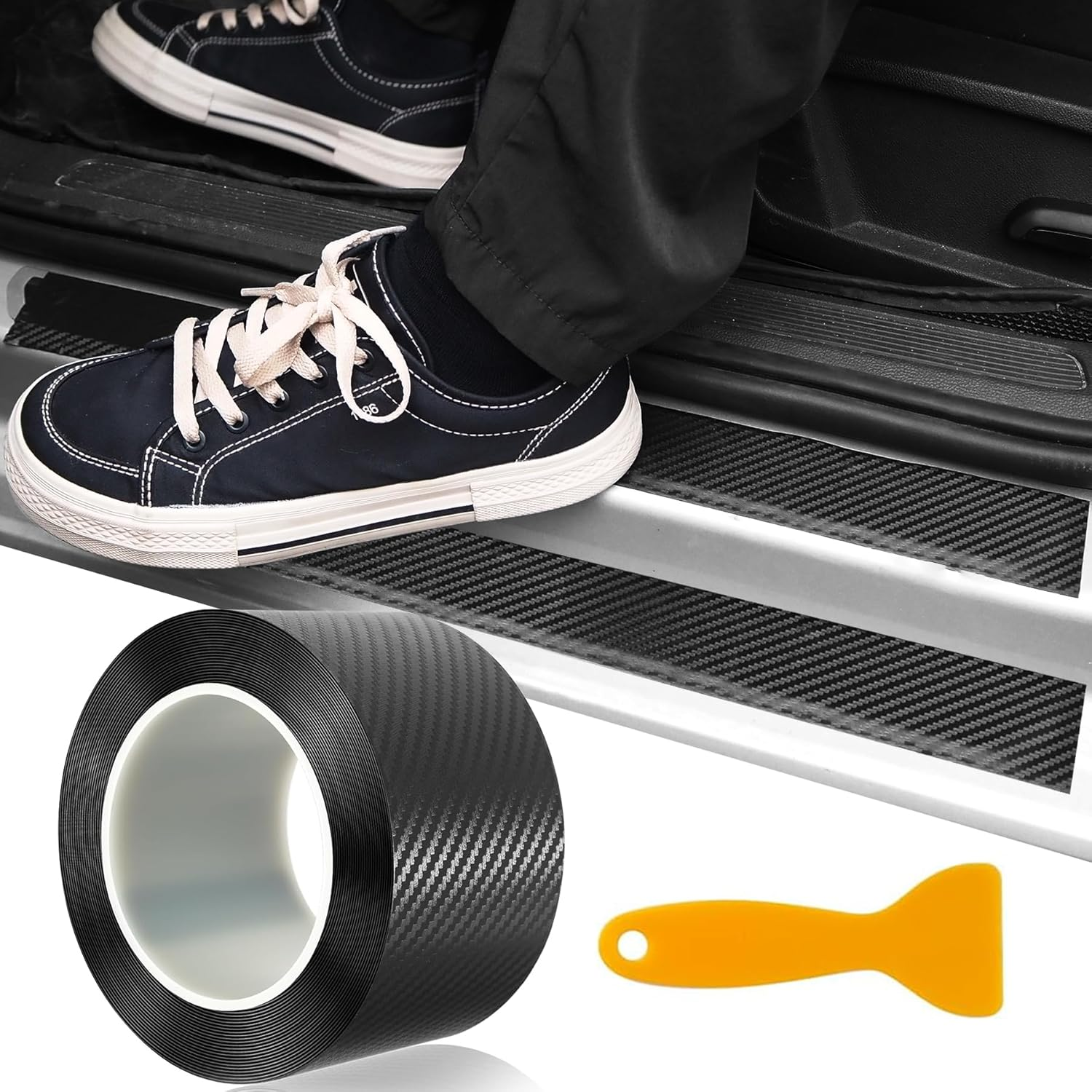 Universal Car Door Edge Protector, Door Sill Protector Bumper, Carbon Fiber Car Wrap Film, Vinyl Automotive Wrap Film Anti-Collision Anti-Scratch Cover for Most Vehicles (Black, 2.8In*16.4)