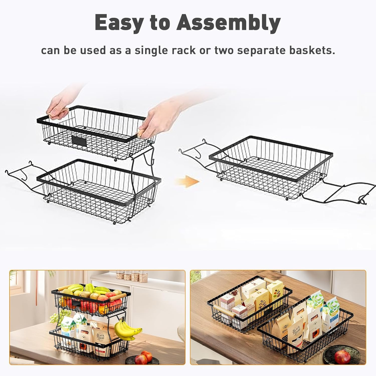 2 Tier Countertop Fruit Basket Bowl with 2 Banana Hangers, Kitchen Counter Metal Wire Fruit Storage Basket Stand Holder Organiser for Bread Snacks Veggies Produce image number 6