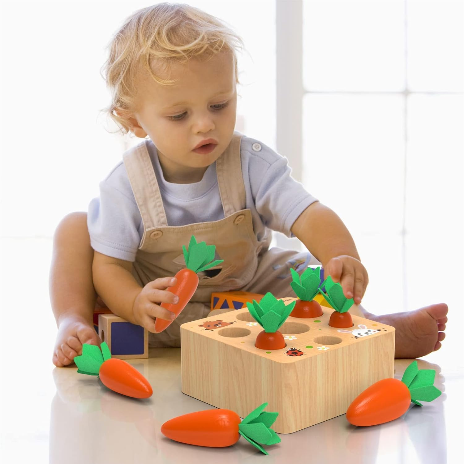 Baby Wooden Toy from 1 Year Old, Motor Skills for Boys and Girls, Montessori Sorting Game, Wooden Puzzle, Carrot Harvest, Educational Toy for Children as a Birthday Gift