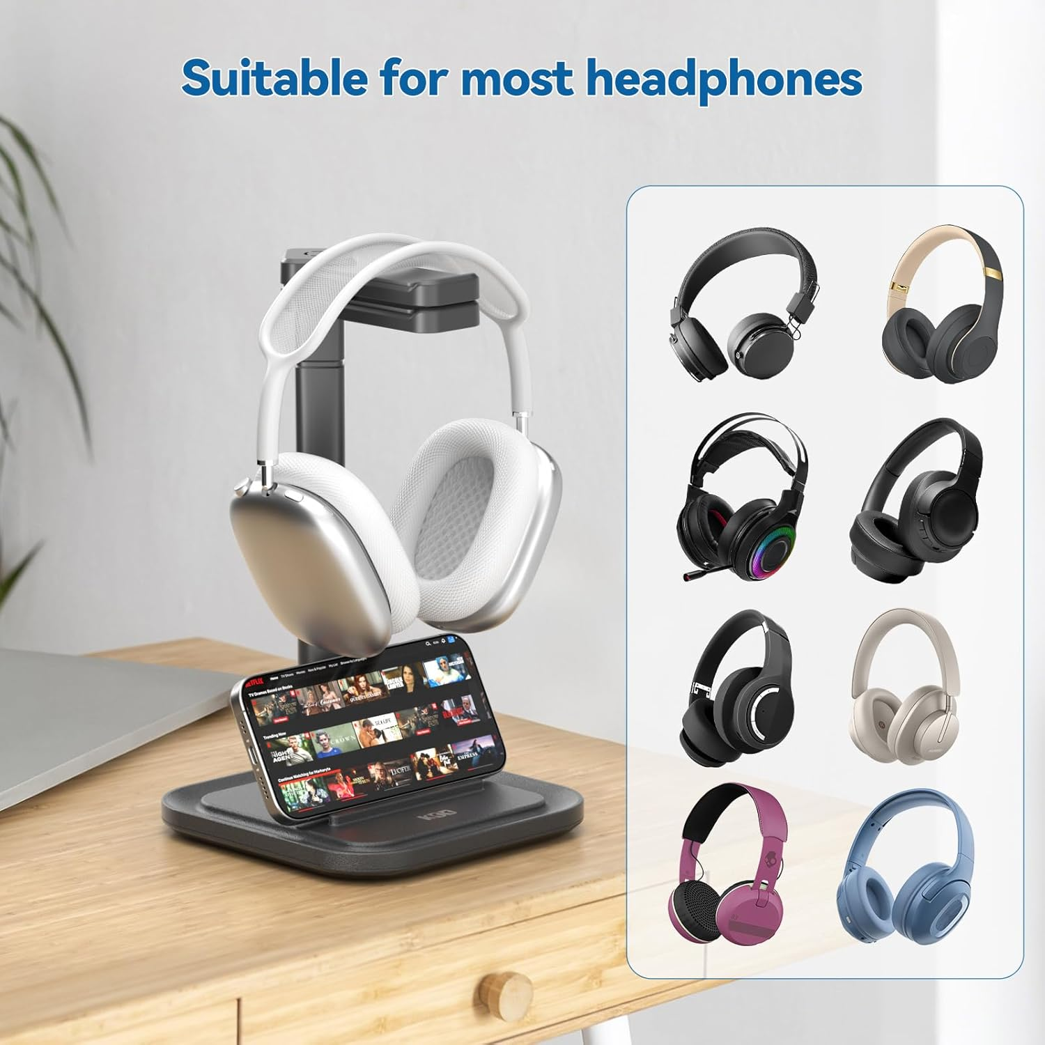 KDD Dual Headphone Stand for Desk - Rotatable Headset Hanger with Phone Holder - Removable Non-Slip Base for Gamers Desktop Accessories image number 3