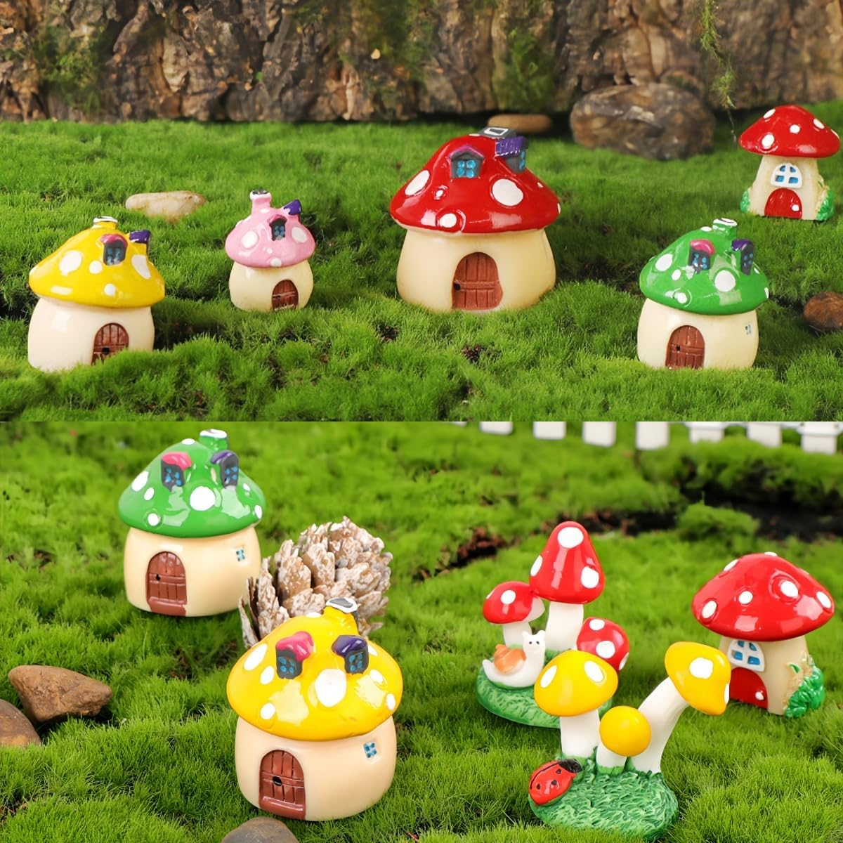 Ourdam 7Pcs Resin Mushrooms Figurine Fairy Garden Ornament, Miniature Mushroom House Decor for DIY Crafts Garden Accessories Outdoor, Cute Tiny Mushroom Figurine Landscape Plant Cake Yard Home Decor image number 3