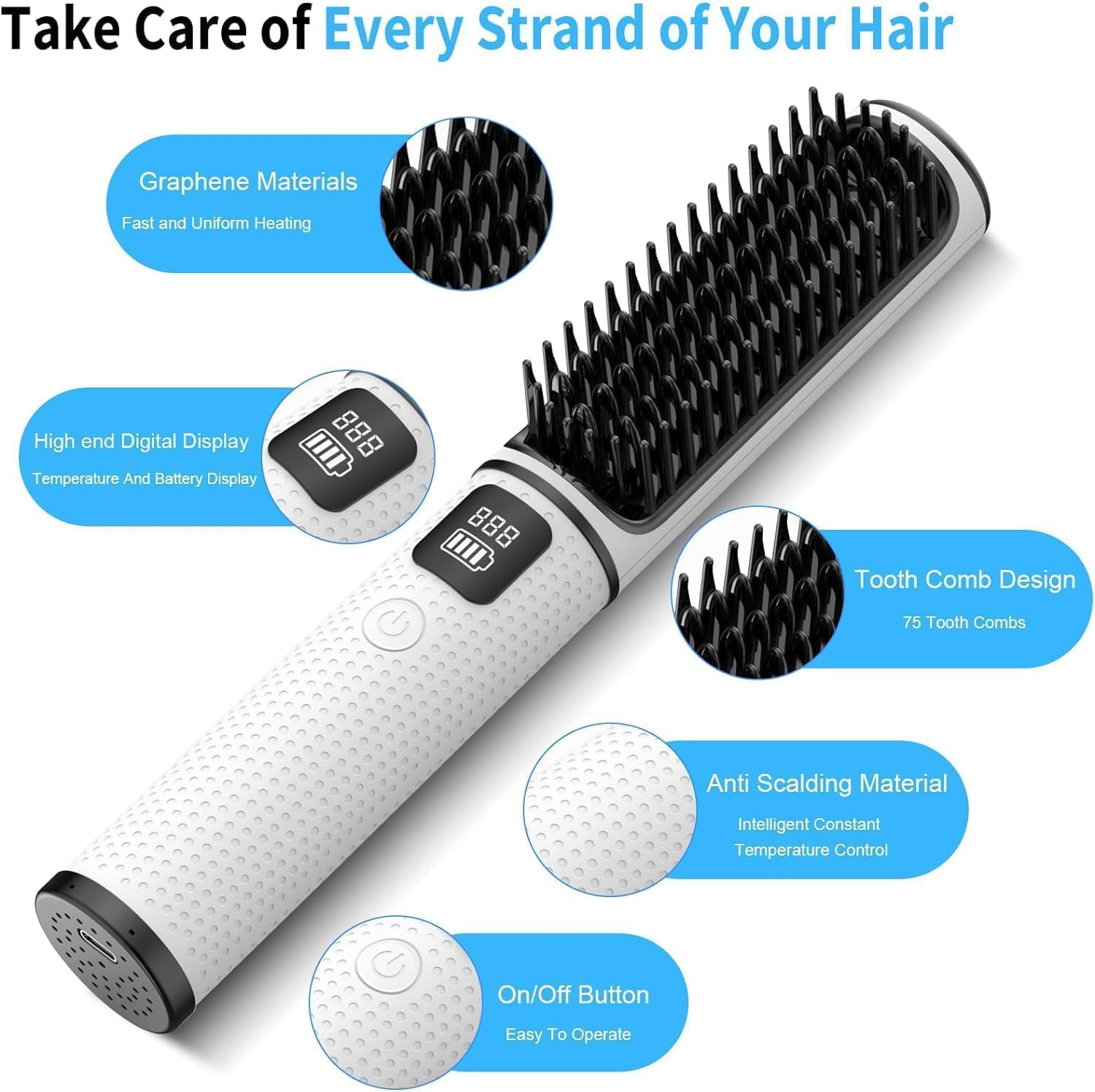 B-Qtech Cordless Hair Straightener Brush, Mini Portable Travel Wireless Straightener Negative Ion with Type-C Rechargeable Anti-Scald Fast Heating & 4 Temp Settings, Hair Straighteners Comb for Women Gift image number 3